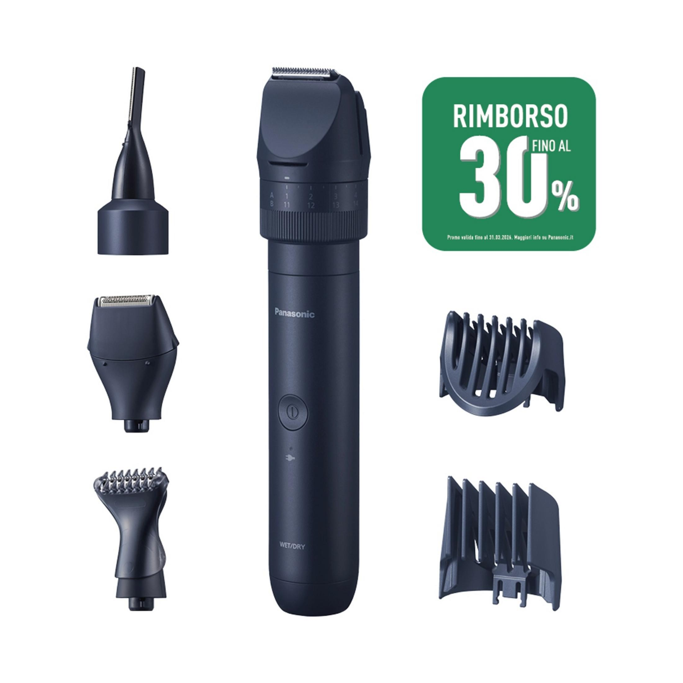 Un rifinitore Panasonic con accessori e un adesivo di sconto del 30%.