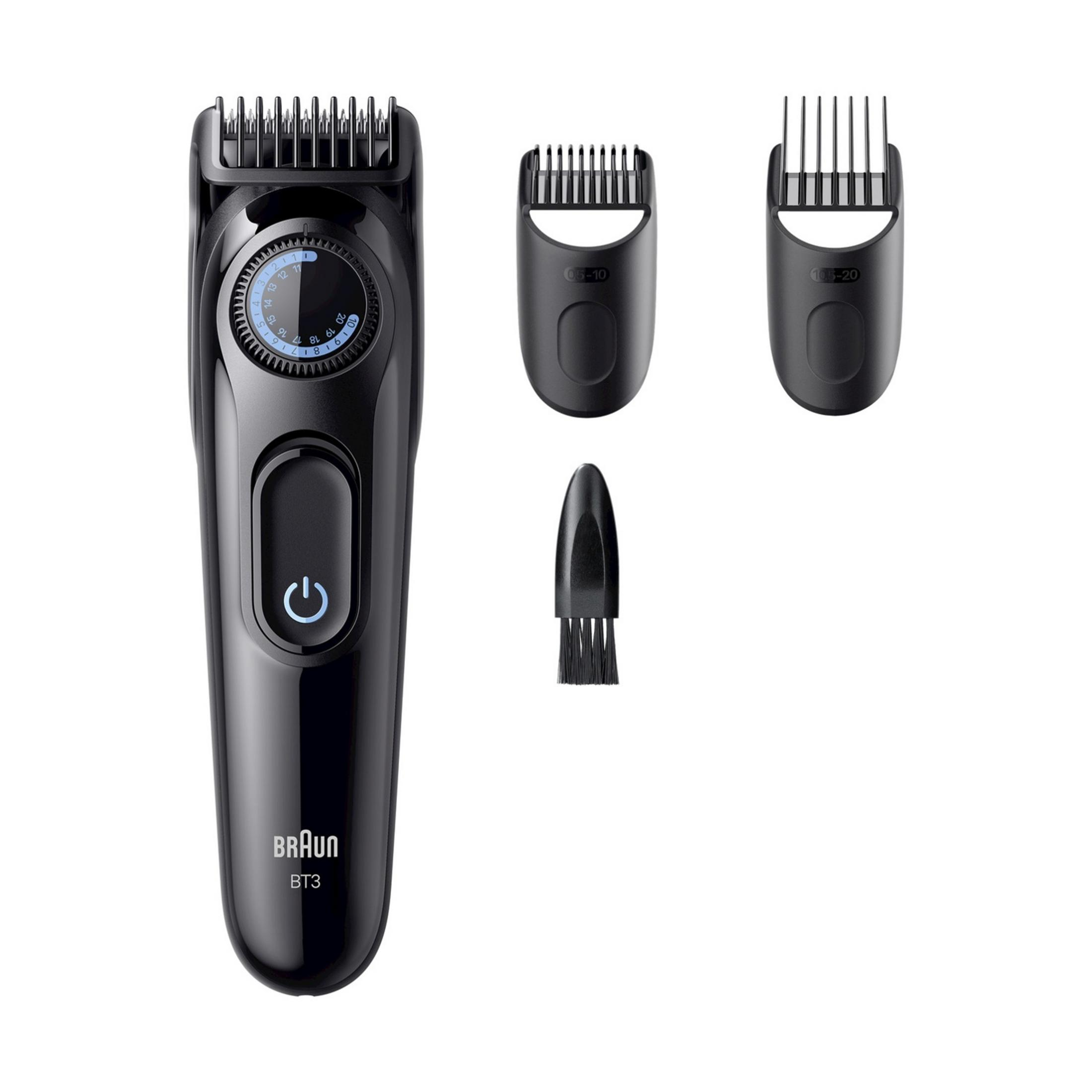 Czarny trymer do brody z nasadkami i szczoteczką.