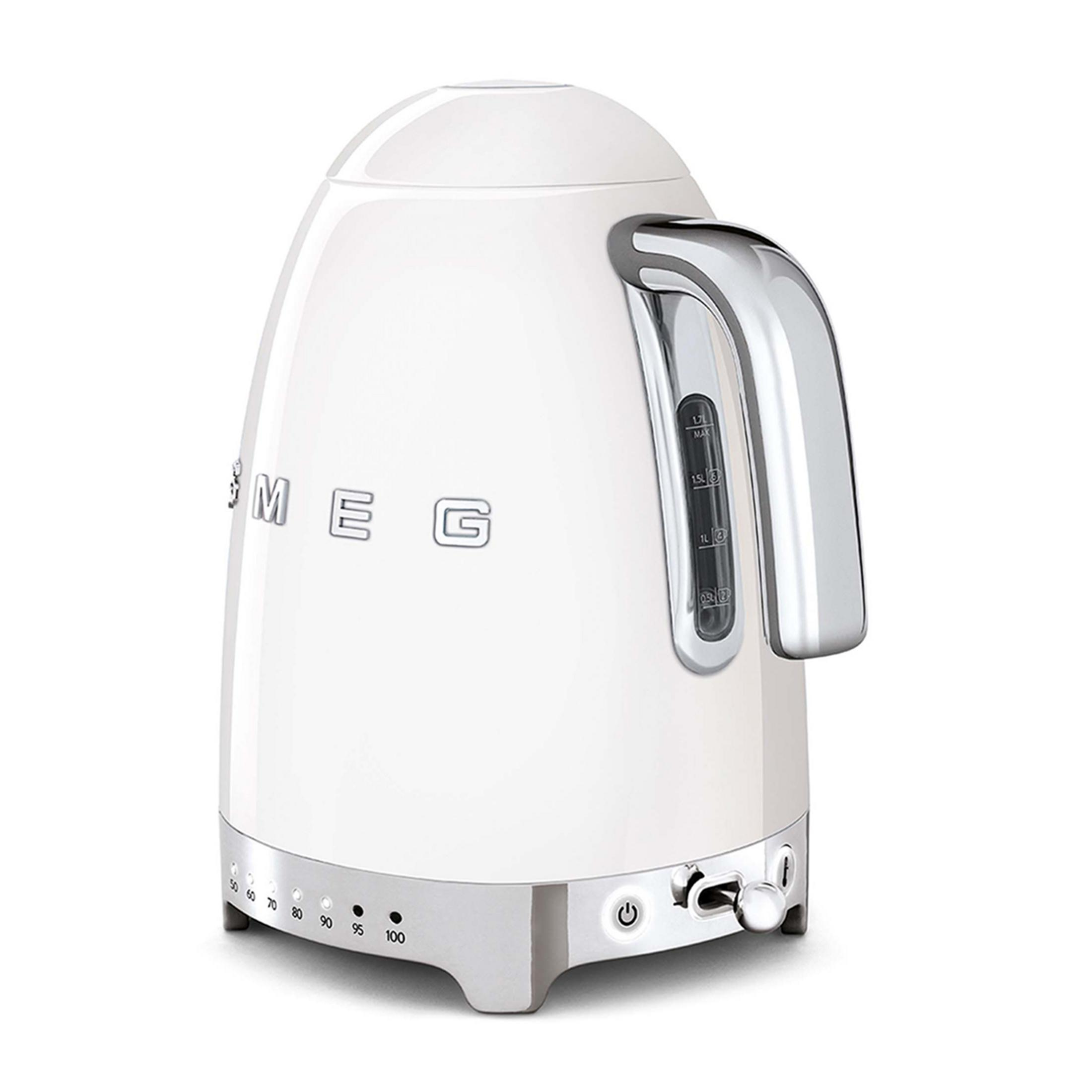 A white Smeg kettle with a silver handle and temperature control dial.