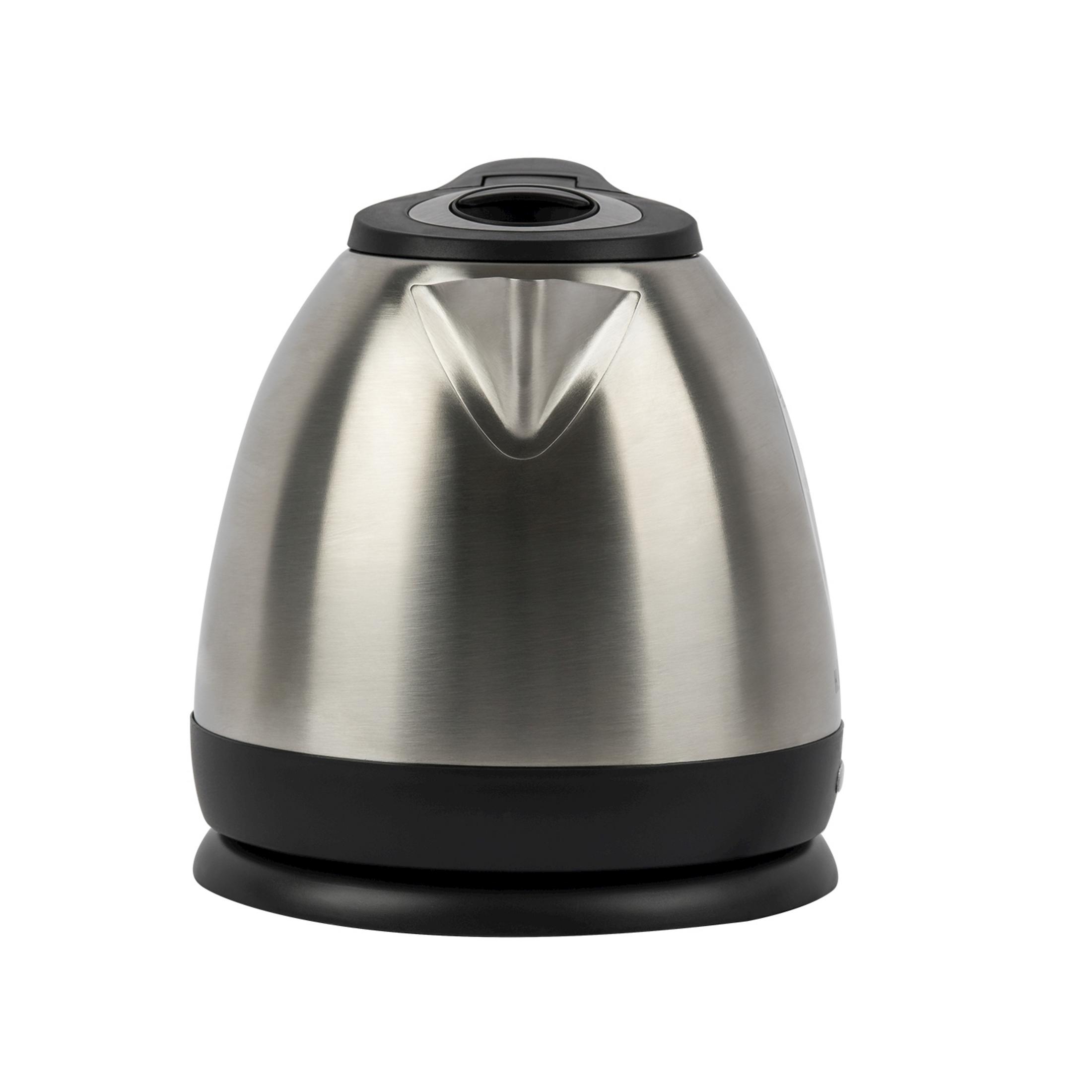 A silver electric kettle with a black base and lid, shown front-on.