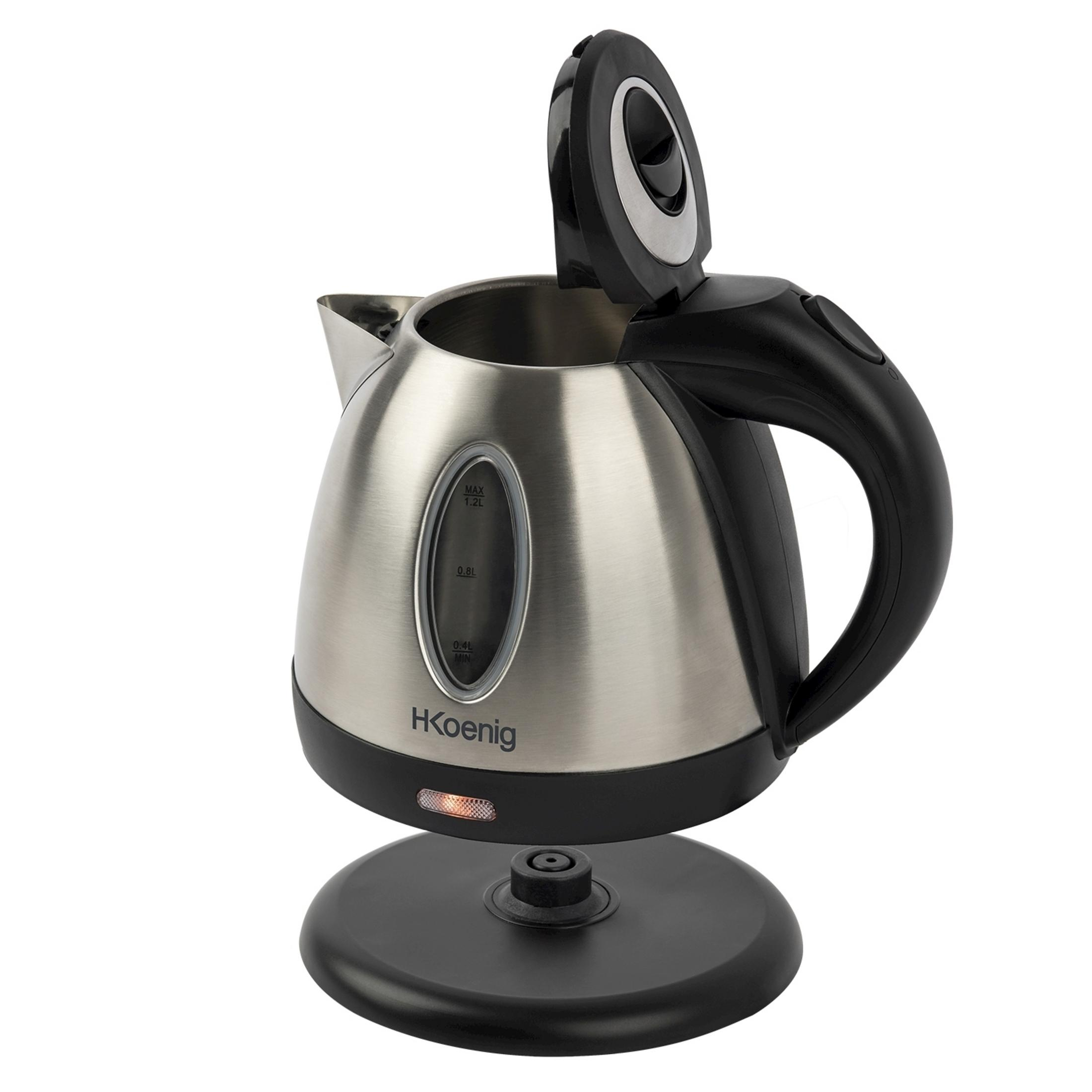 A silver electric kettle with a black handle and open lid sits on a black base.