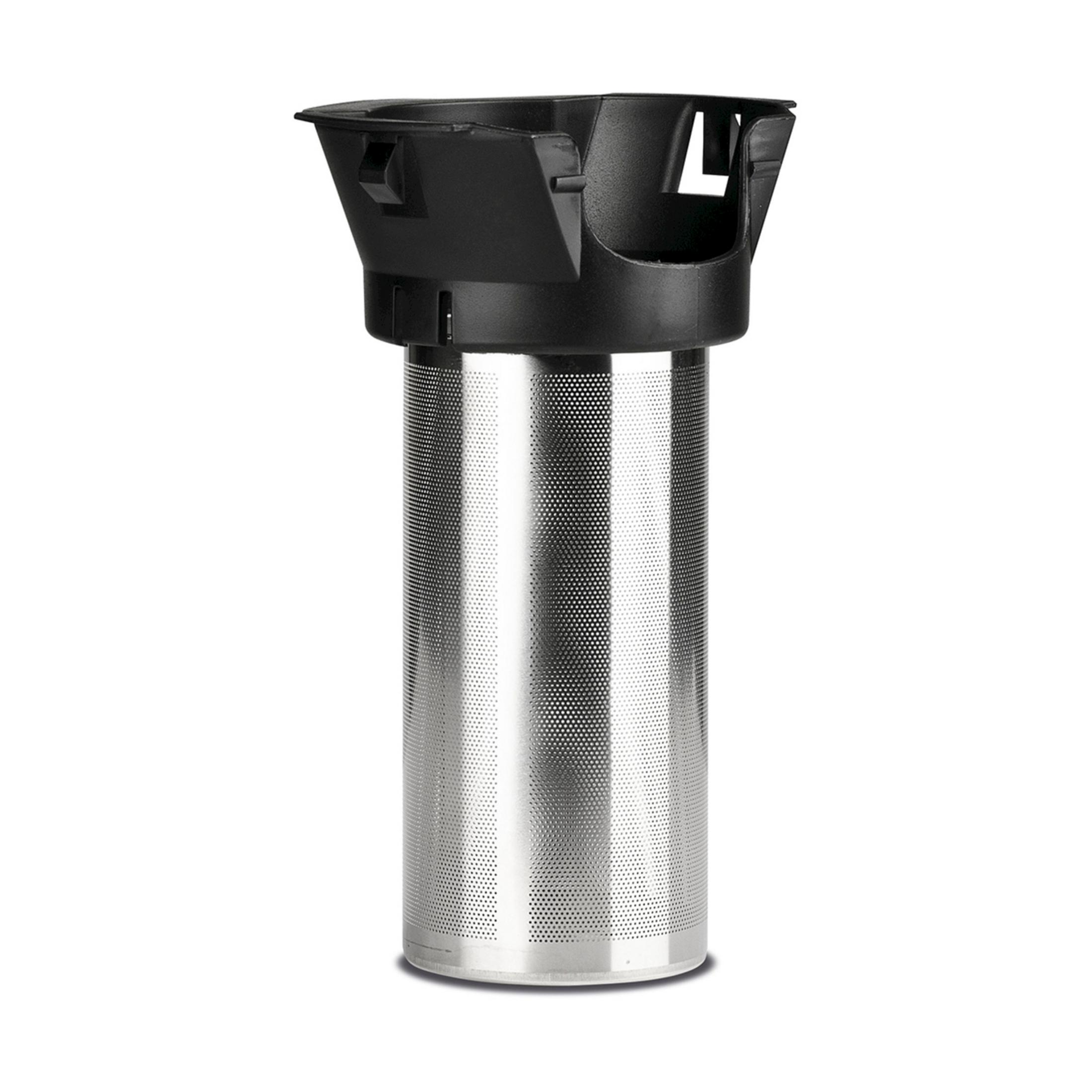 Ein silberner Teefilter mit schwarzem Deckel auf weißem Hintergrund.