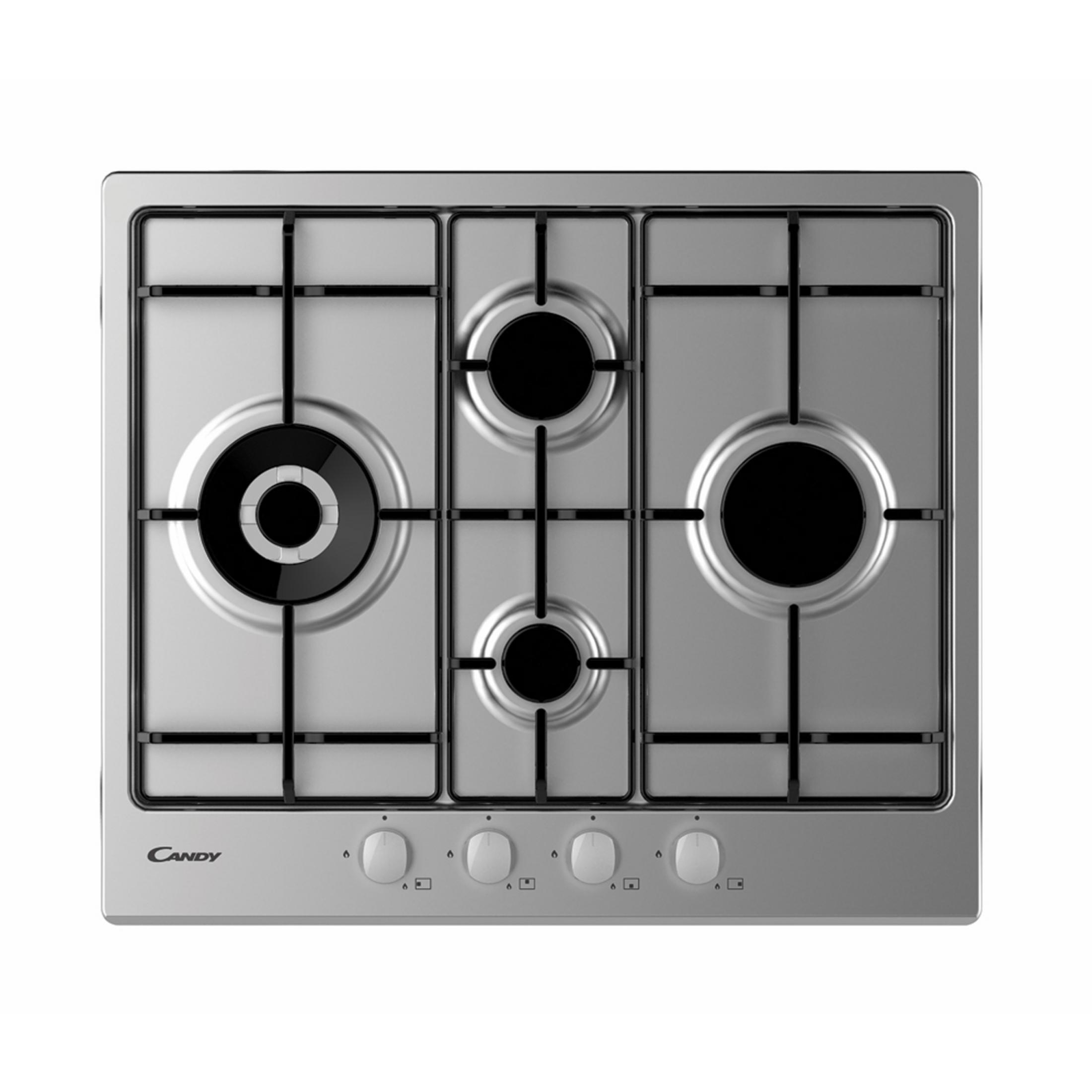 Srebrna płyta gazowa z czterema palnikami i pokrętłami.