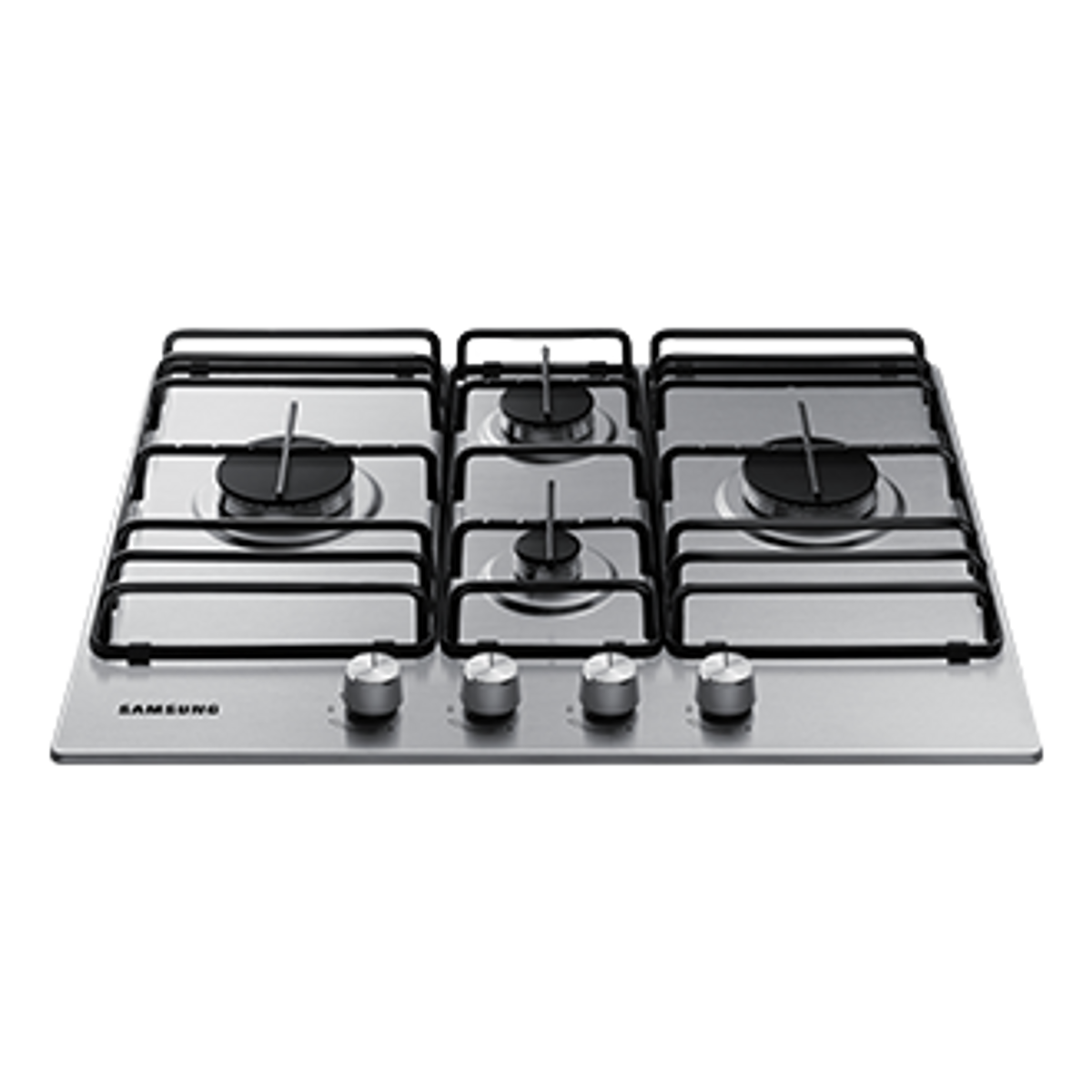 Stal nierdzewna płyta gazowa z czterema palnikami i srebrnymi pokrętłami.