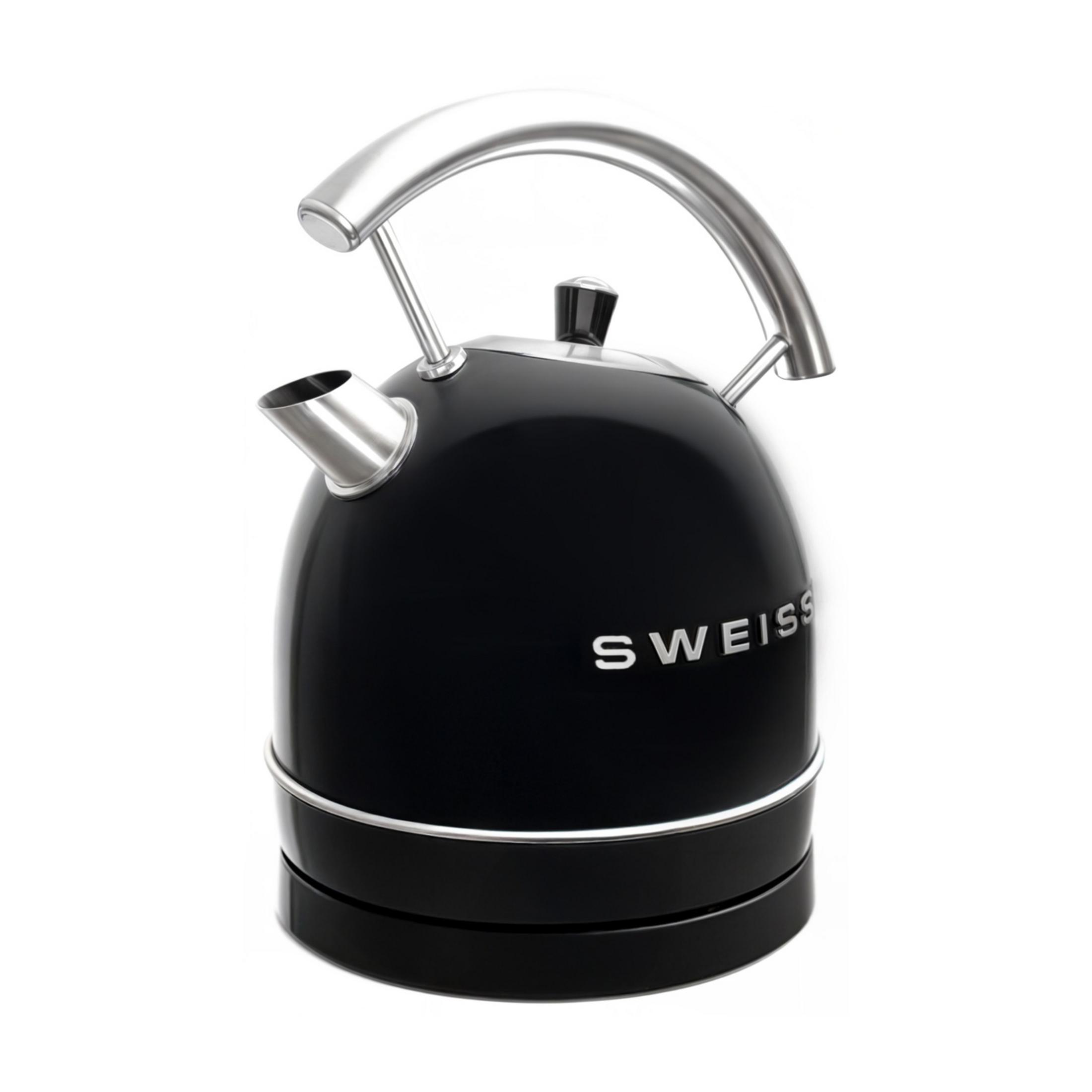 Schwarzer Wasserkocher mit silbernem Griff und Deckel auf weißem Hintergrund.