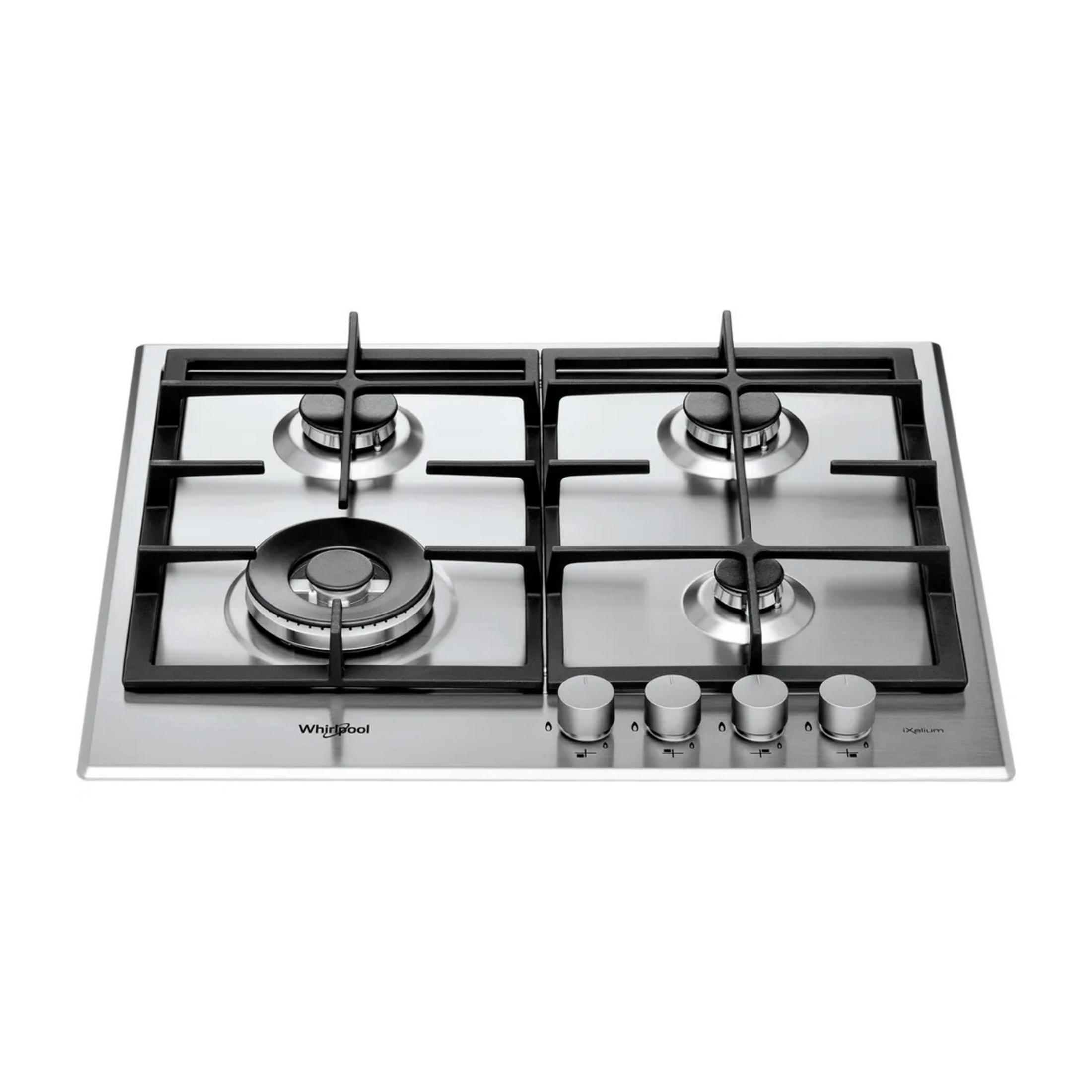 Stalowa płyta gazowa z czterema palnikami i srebrnymi pokrętłami.