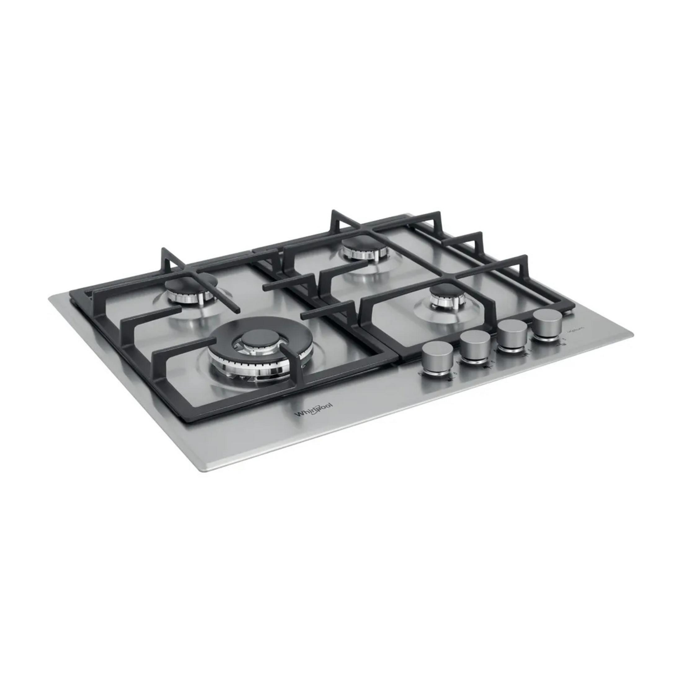 Stal nierdzewna płyta gazowa z czterema palnikami i pokrętłami.