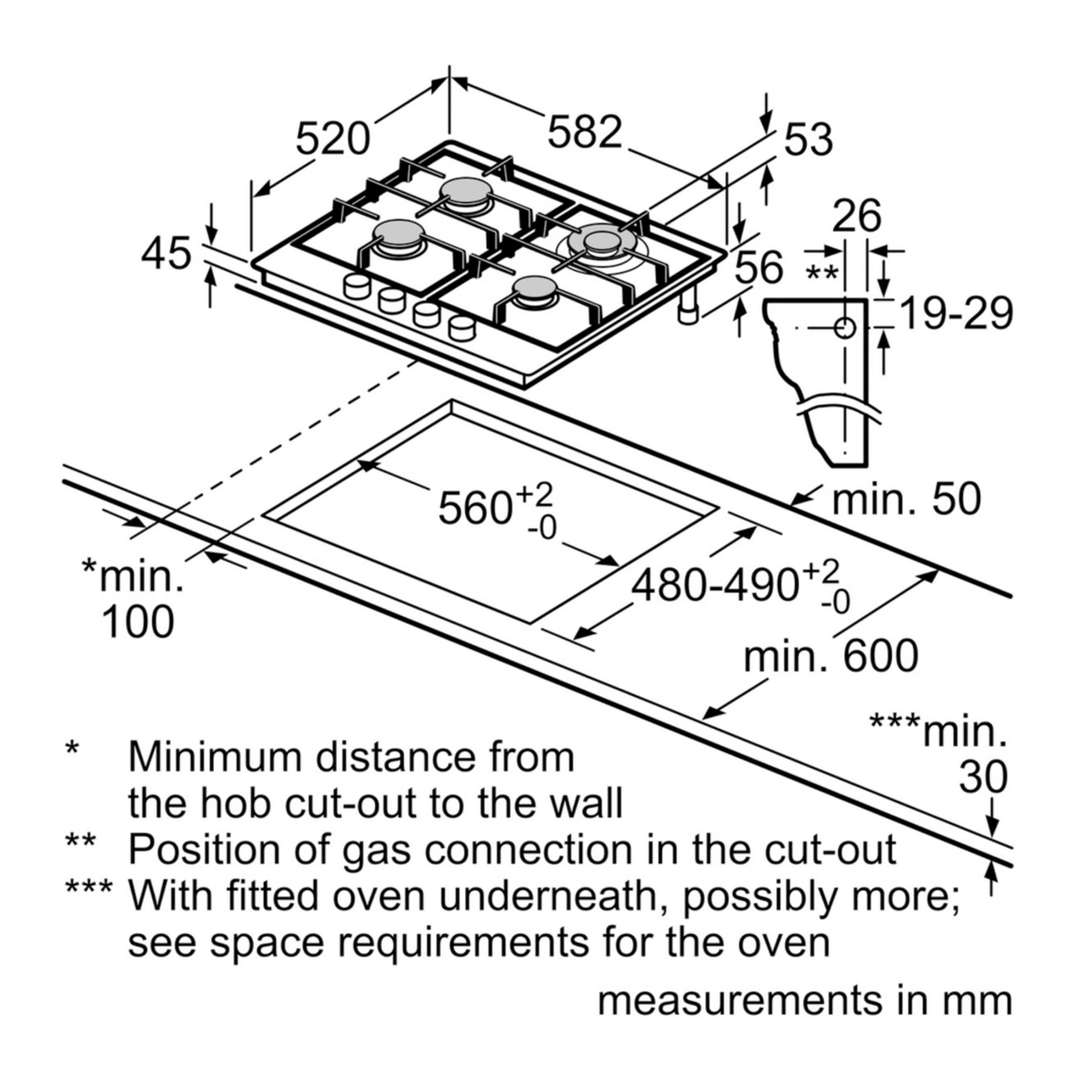 Rysunek techniczny płyty gazowej z wymiarami.