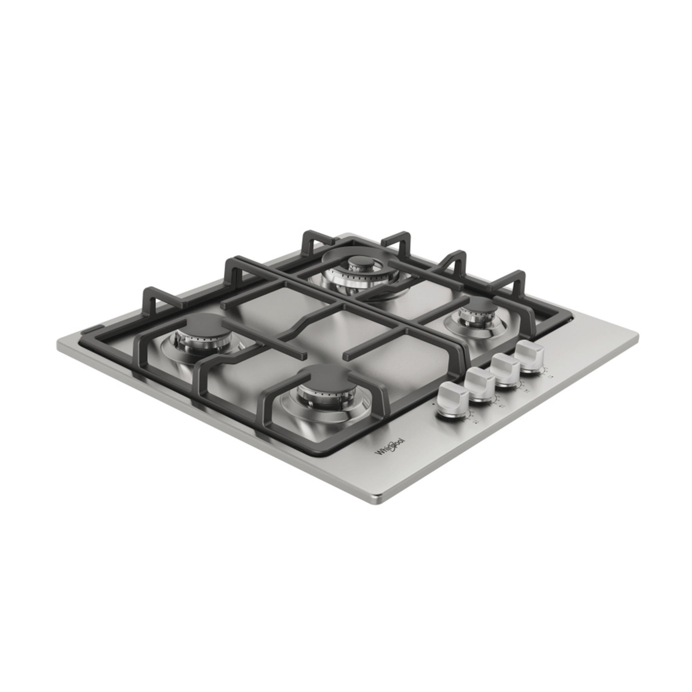 Encimera de gas de acero inoxidable con cuatro quemadores y rejillas negras.