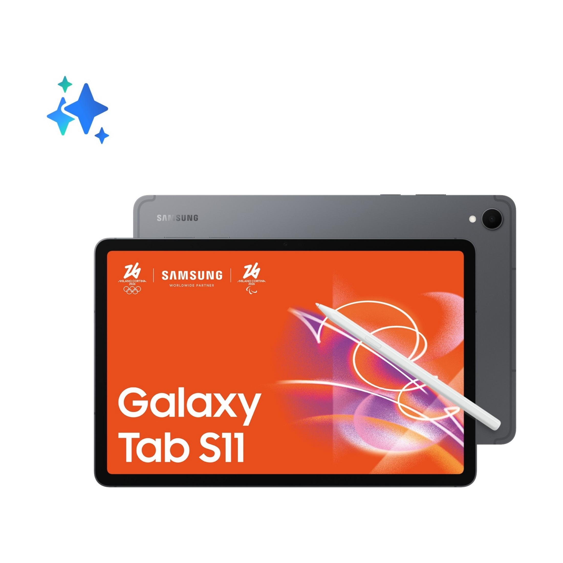 Szary Samsung Galaxy Tab S11 ze stylusem na pomarańczowym tle.