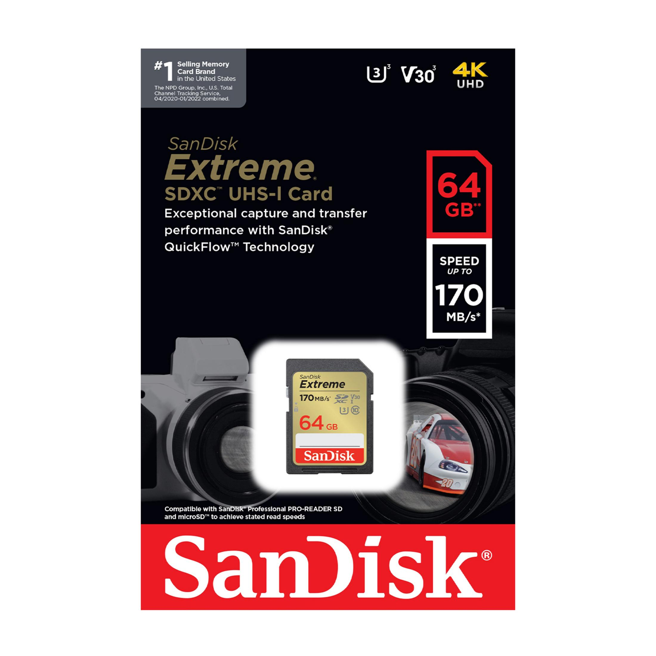 SanDisk Extreme 64GB SDXC Karte mit Kamera und Rennwagen-Motiv, 170 MB/s.