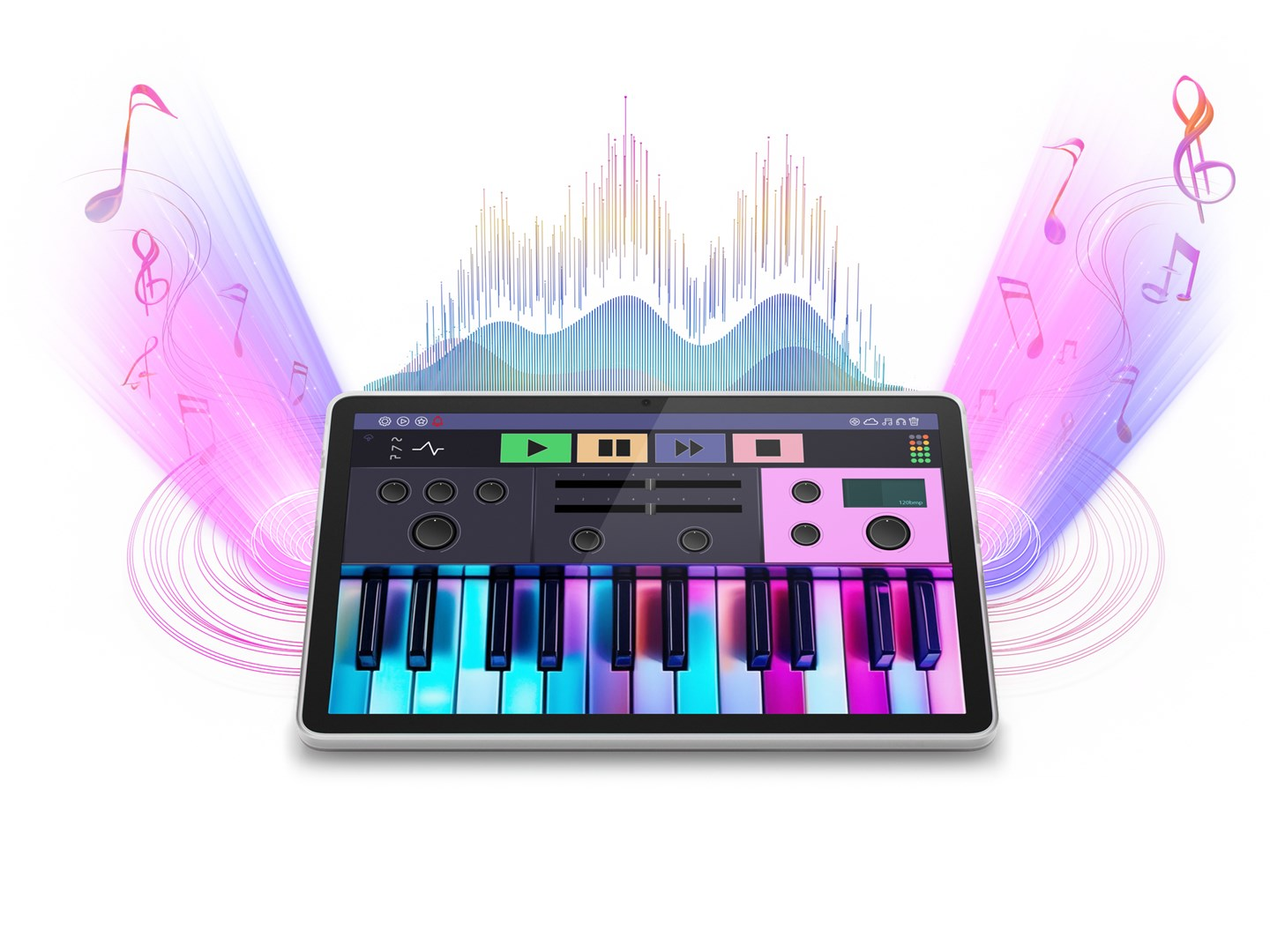 Tablet wyświetla aplikację do produkcji muzyki z klawiaturą, falami i nutami.