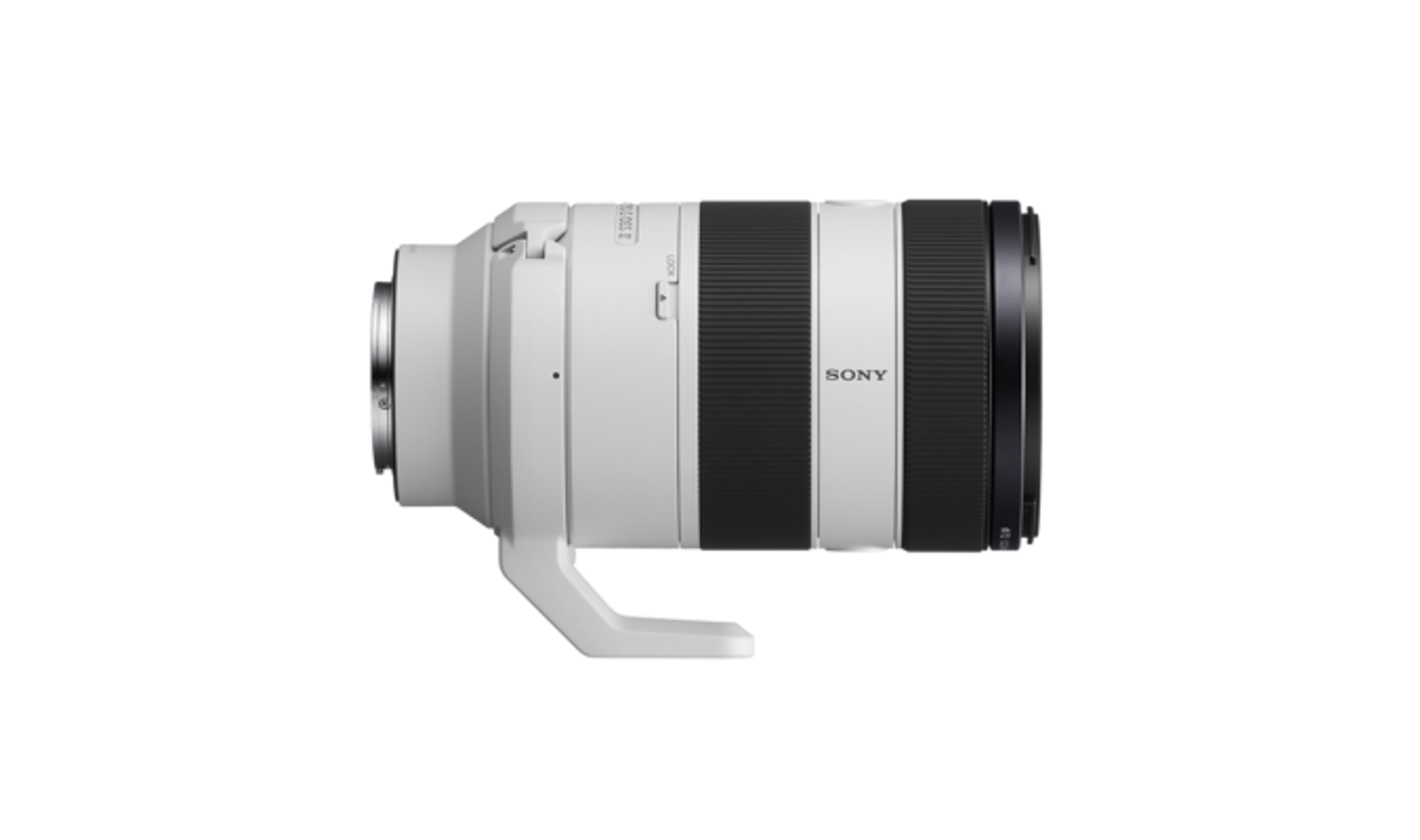 Biały obiektyw Sony z czarnymi pierścieniami i srebrnym mocowaniem.