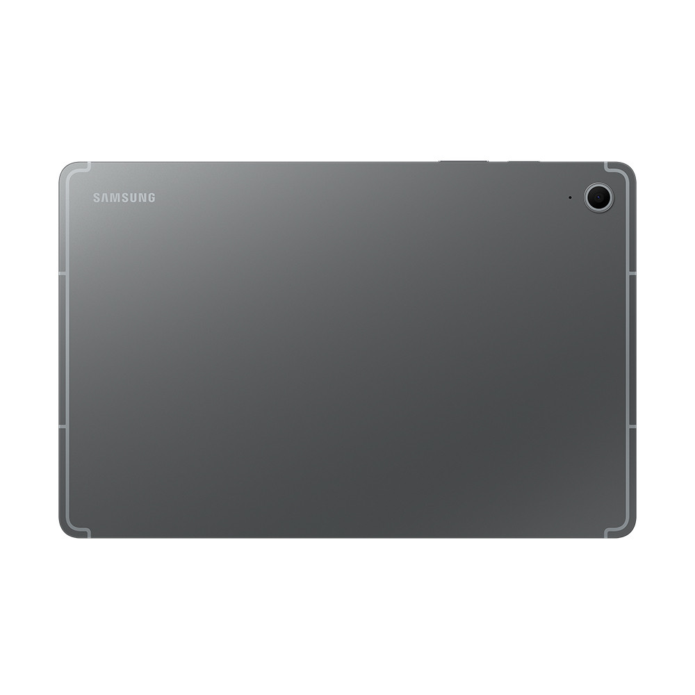 Achterkant van een grijze Samsung tablet met camera en logo.