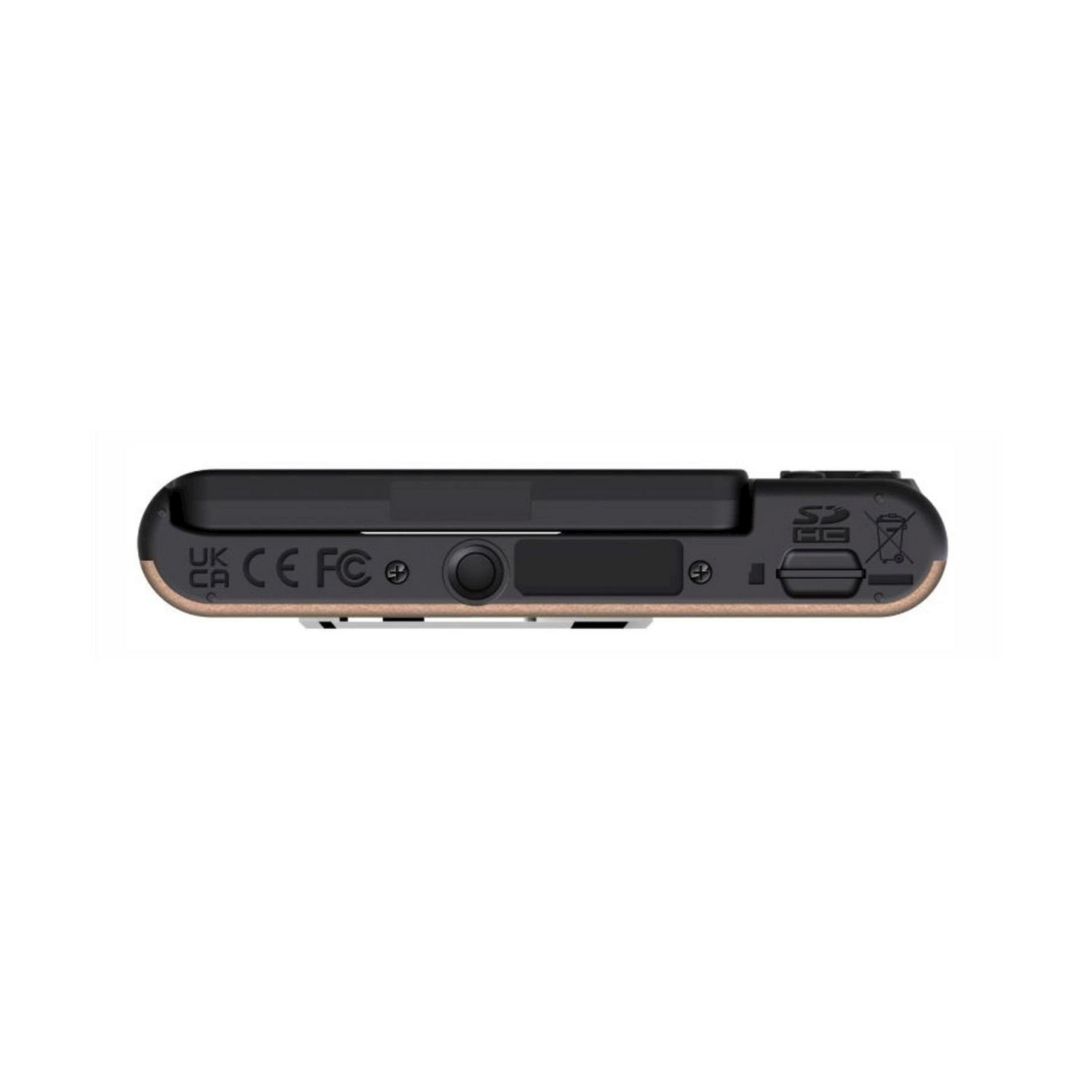 Parte superior de un dispositivo negro con borde dorado, marcas CE/UKCA y símbolo SD.