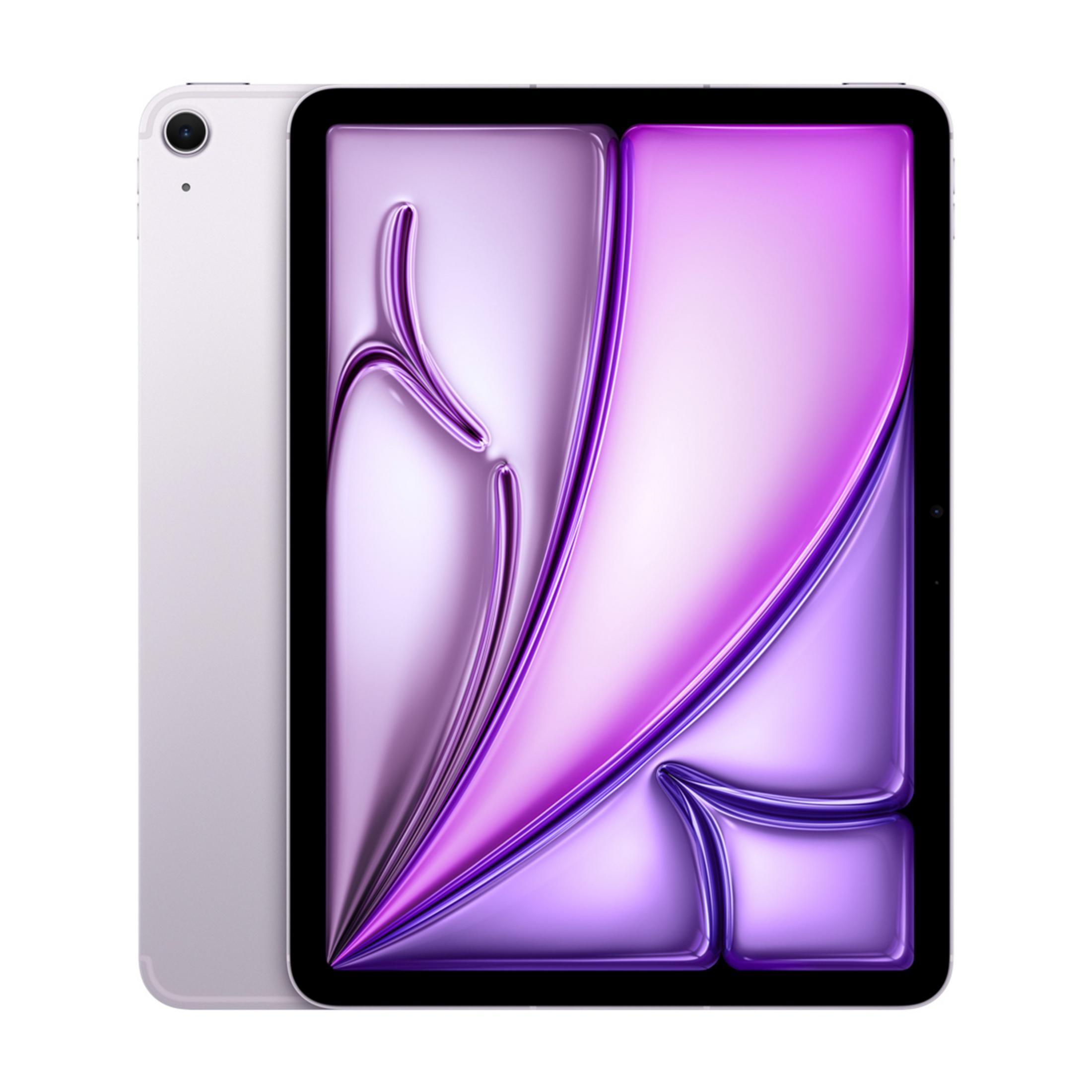 Ein silbernes Tablet mit einem lila, abstrakten Hintergrund auf dem Bildschirm.