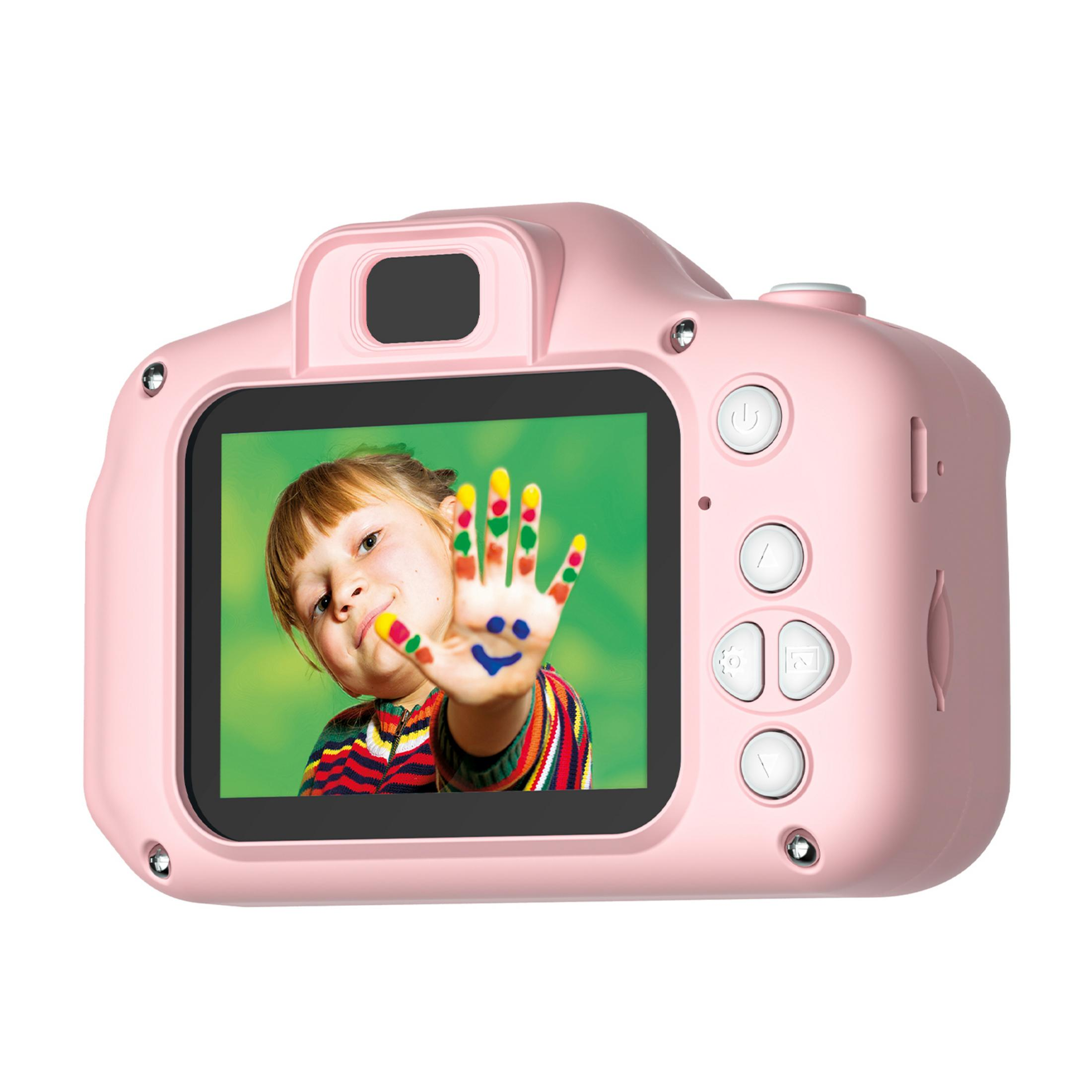 Cámara rosa para niños que muestra a una niña con mano pintada.