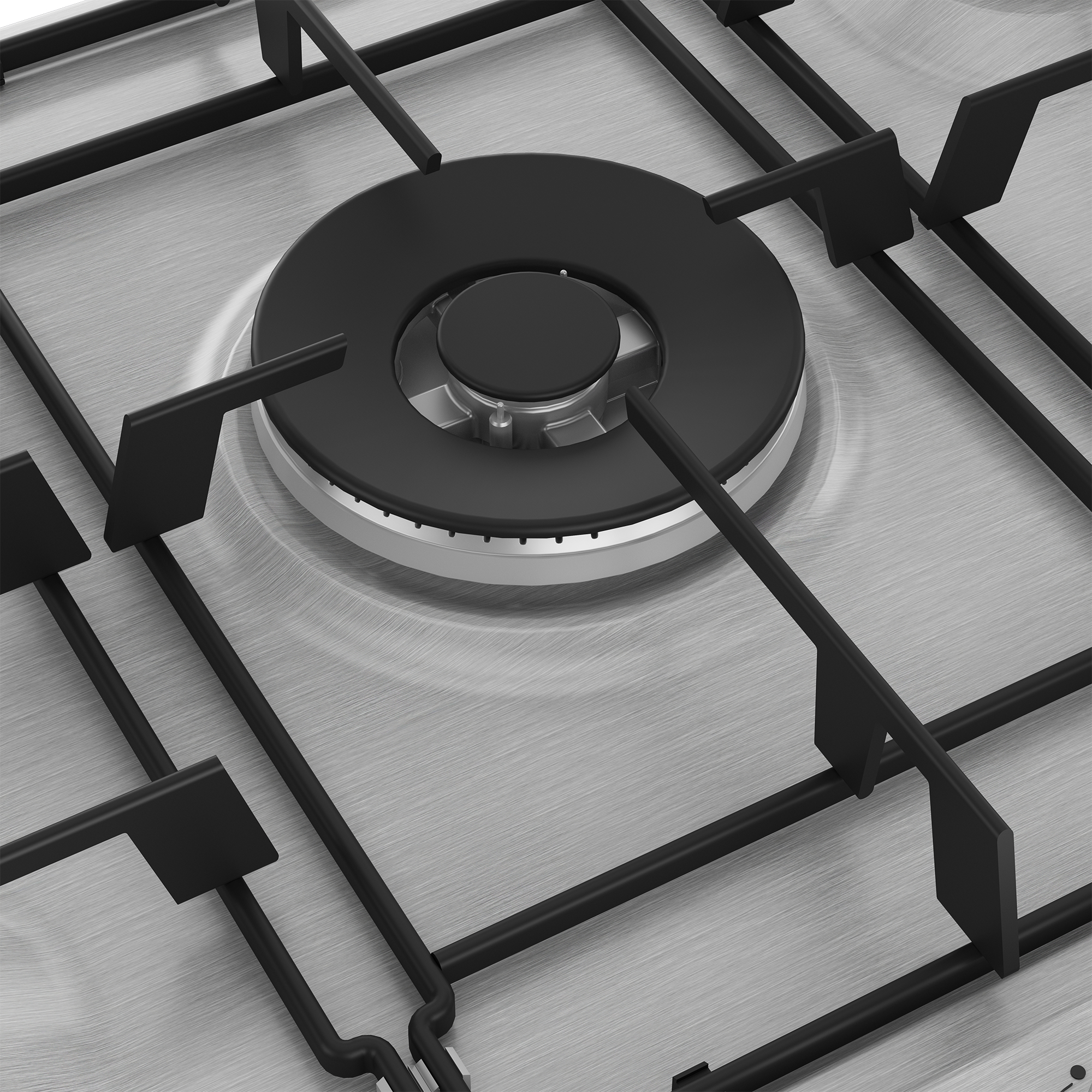 Zbliżenie kuchenki gazowej z czarnym palnikiem i żeliwnym rusztem na metalu.