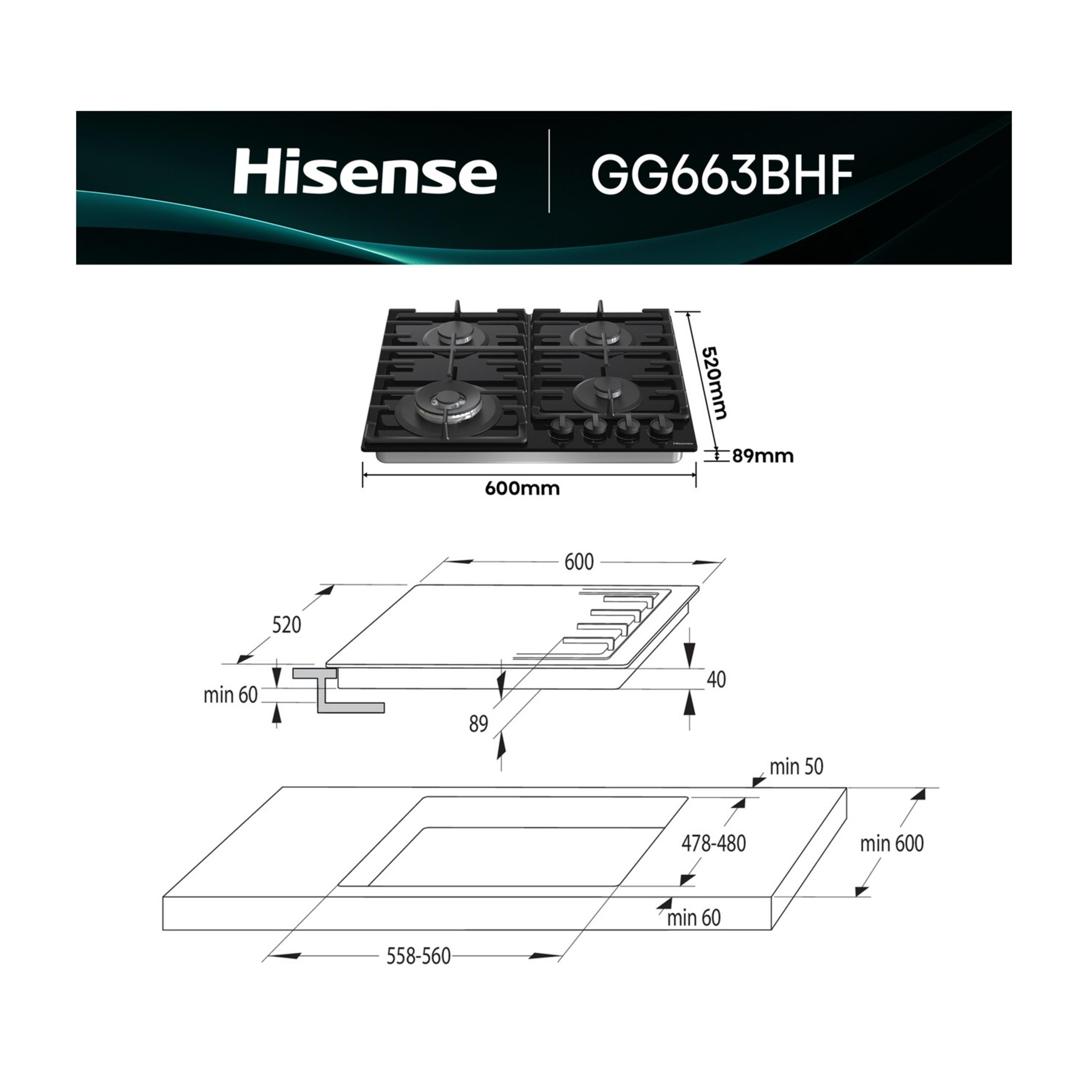 Disegno tecnico di un piano cottura a gas nero con dimensioni.