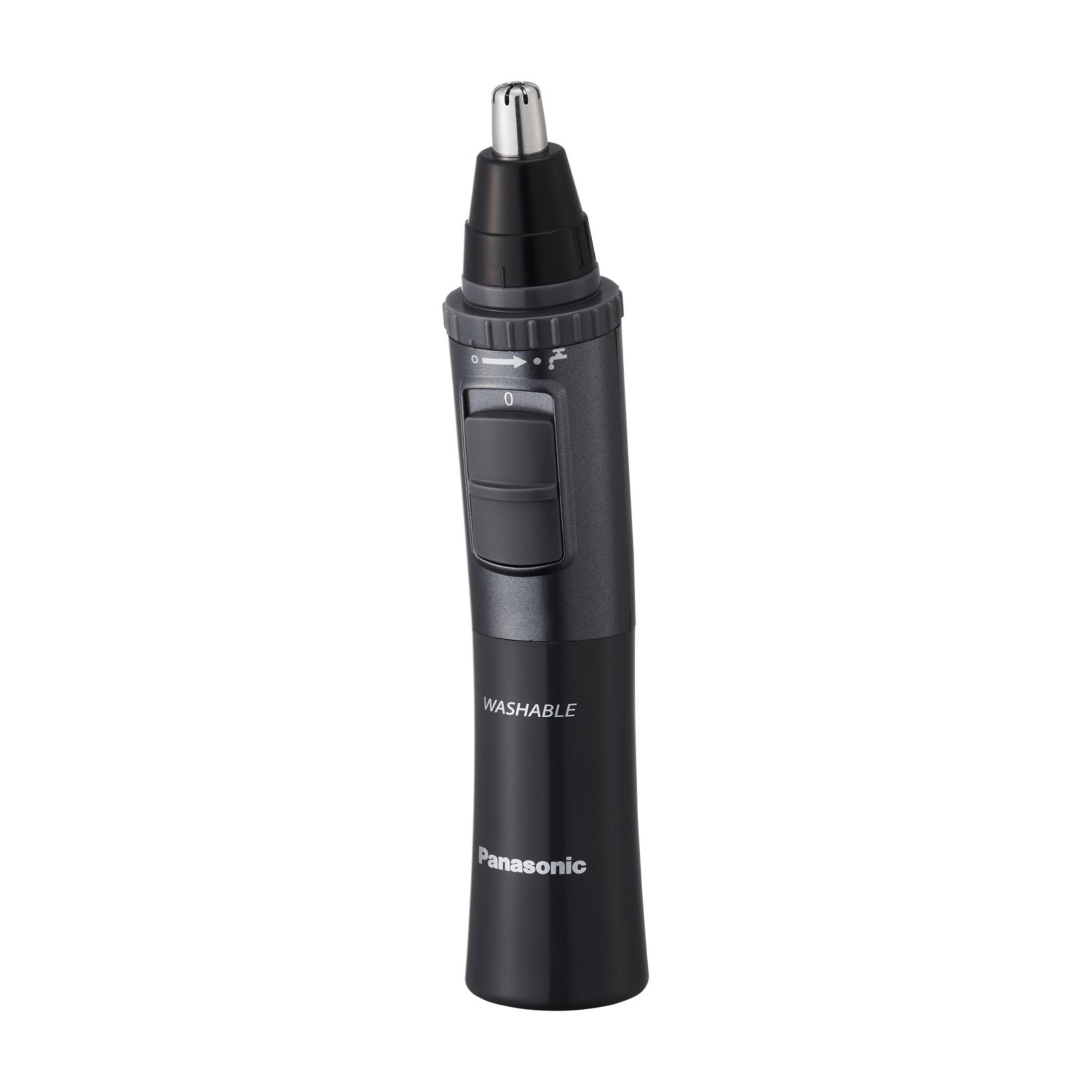 Un recortador de vello nasal Panasonic negro con punta plateada y botones.