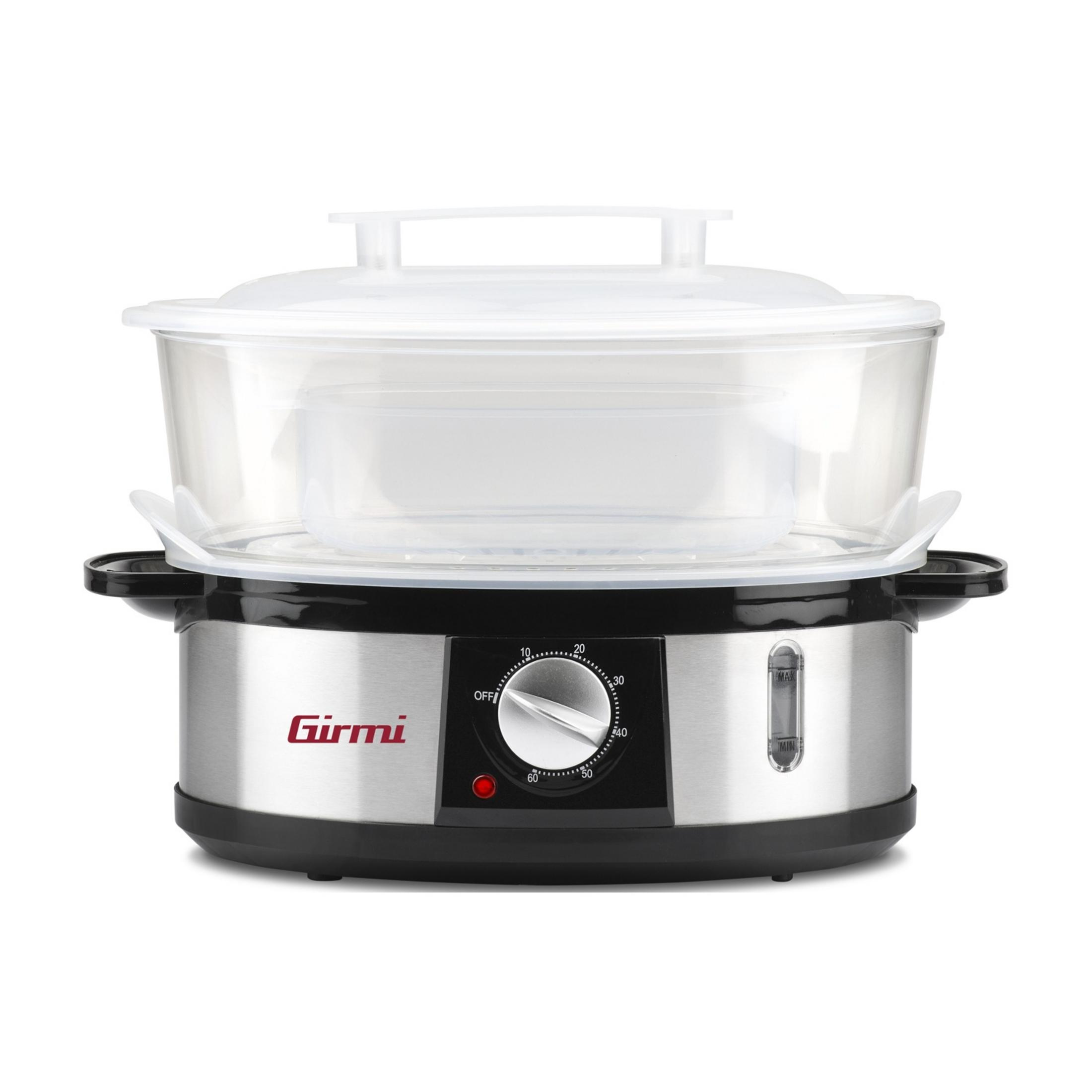 Un vaporizzatore Girmi argentato con due ciotole trasparenti e un quadrante timer.