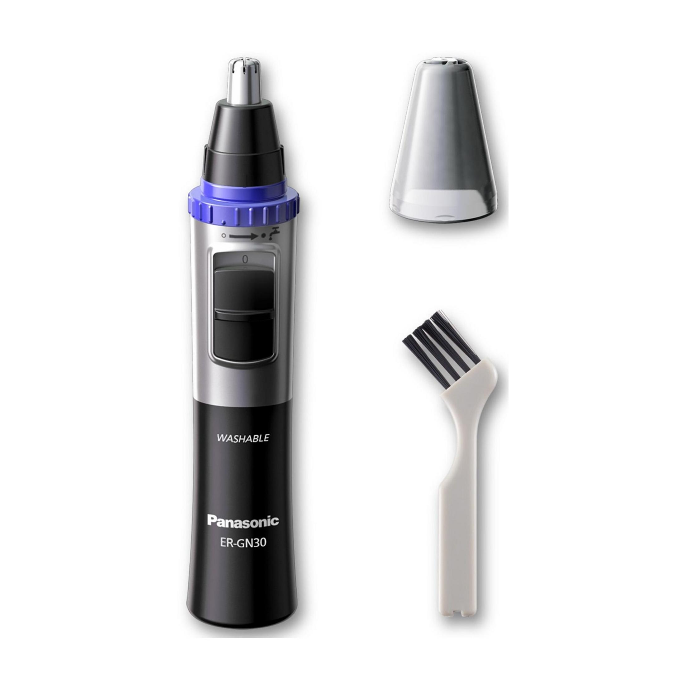 Ein schwarzer Panasonic Nasentrimmer mit silbernen und blauen Akzenten, separatem Aufsatz und Bürste.