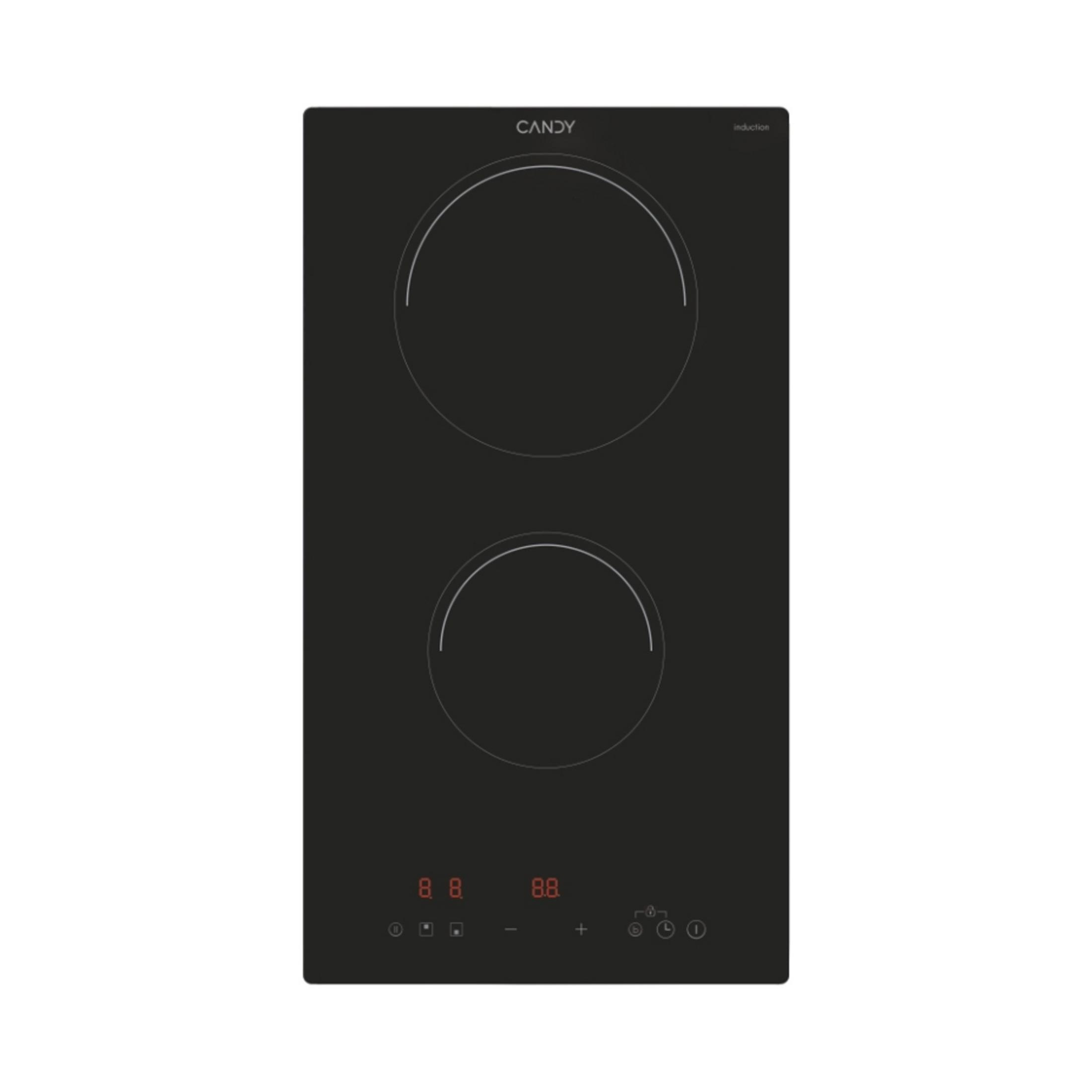 Czarna płyta indukcyjna Candy z dwoma strefami gotowania i cyfrowym wyświetlaczem.