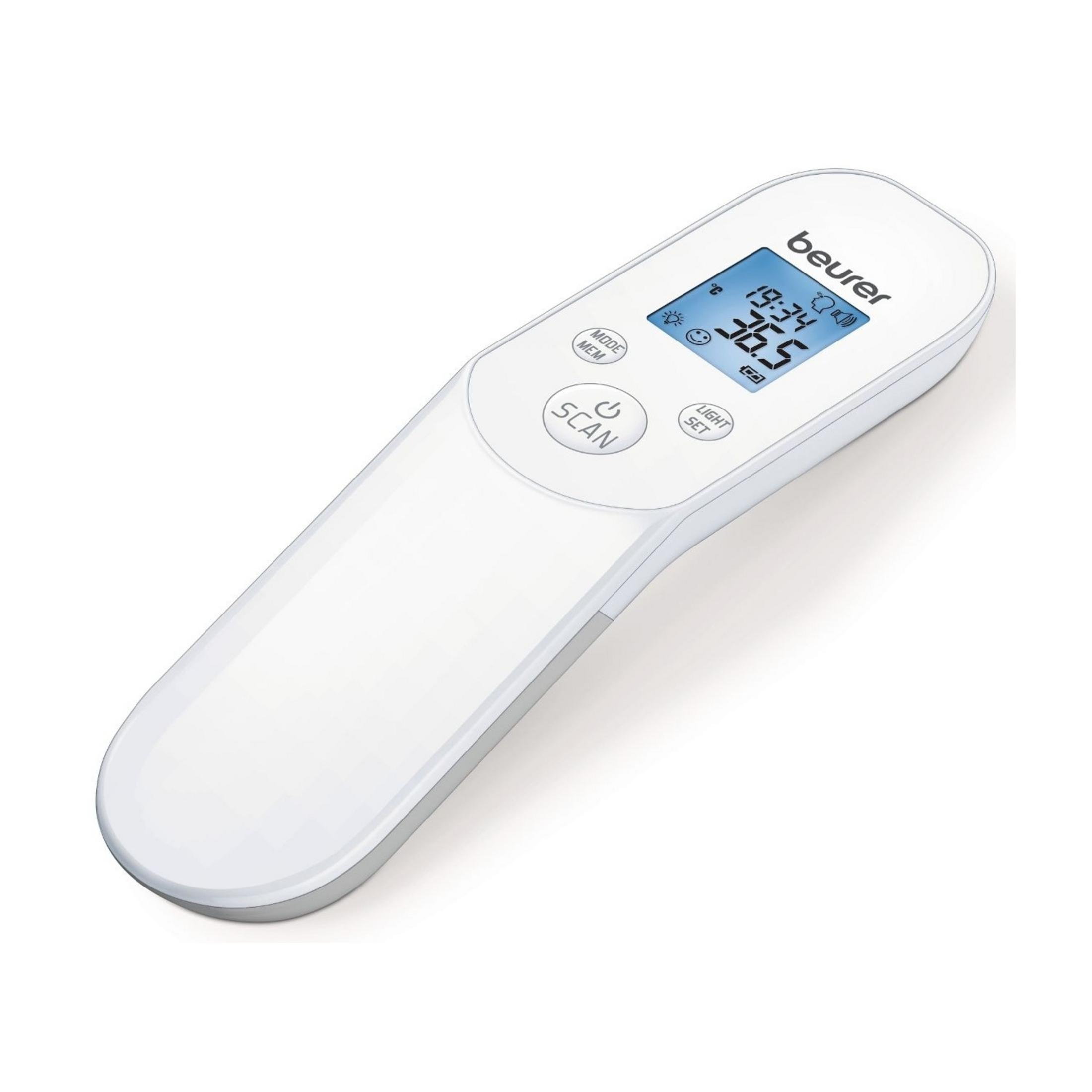 Ein weißes digitales Fieberthermometer mit Display und Tasten auf weißem Hintergrund.
