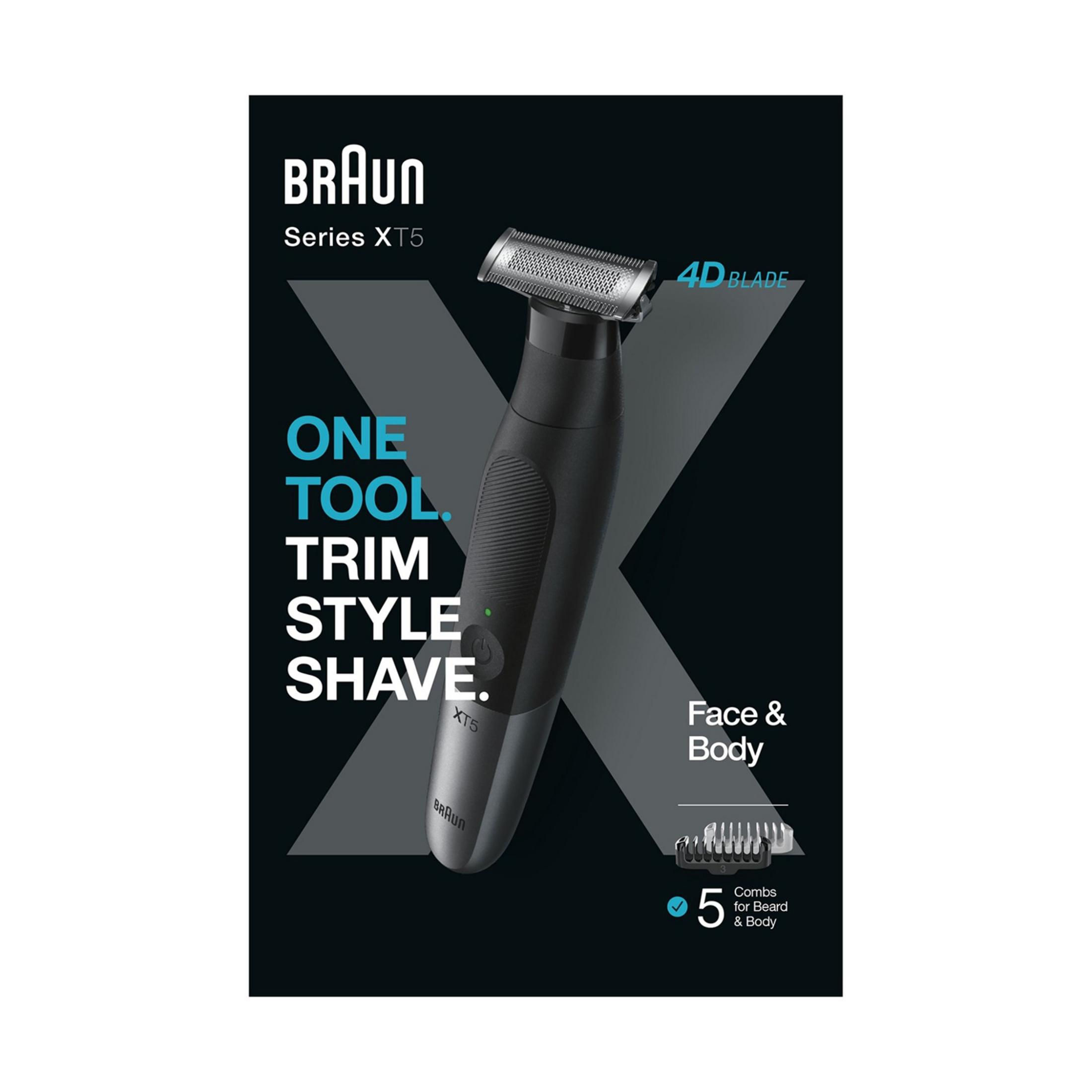 Ein schwarzer Braun Series XT5 Trimmer mit 4D-Klinge, für Gesicht & Körper.