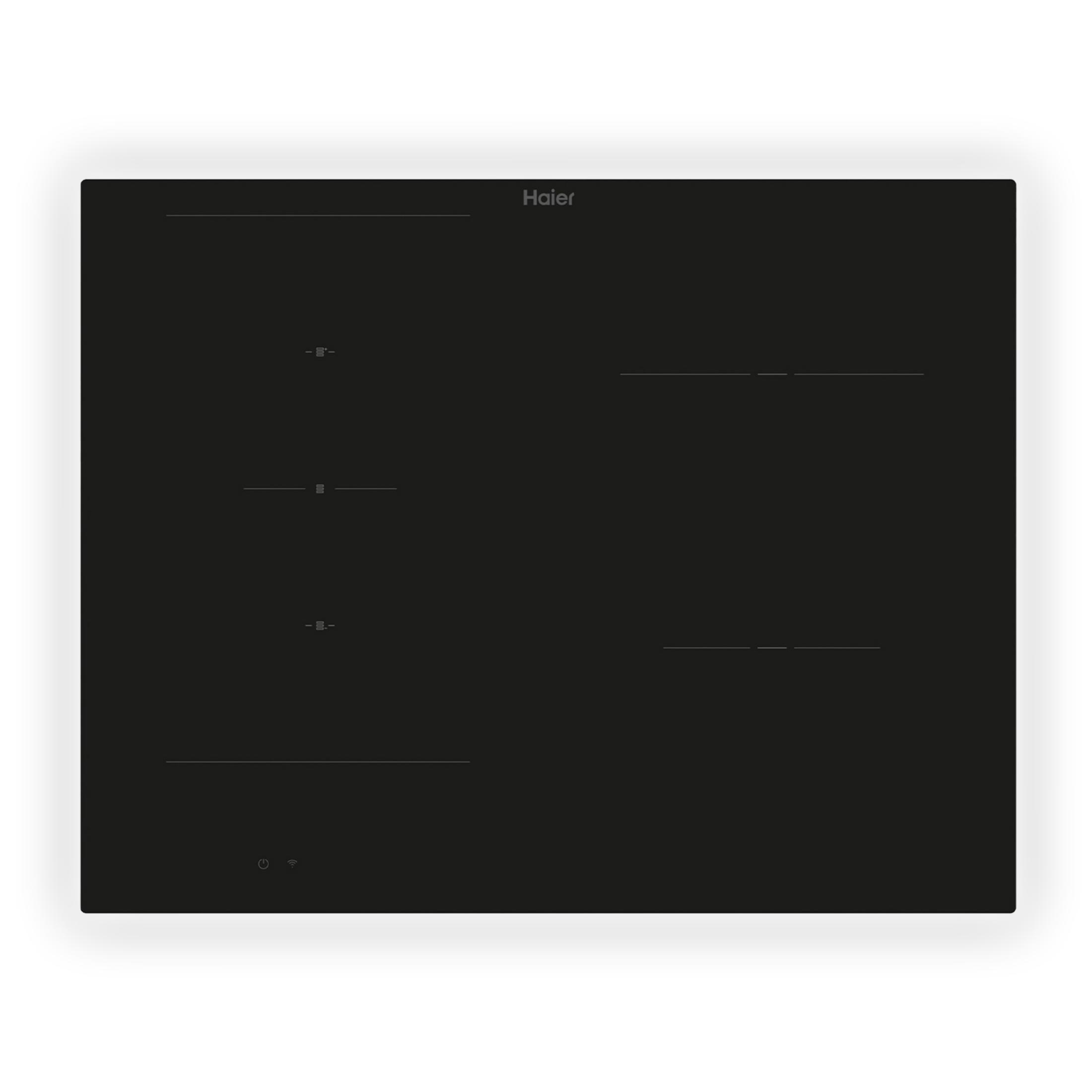 Black Haier induction hob with touch controls and cooking zone indicators.