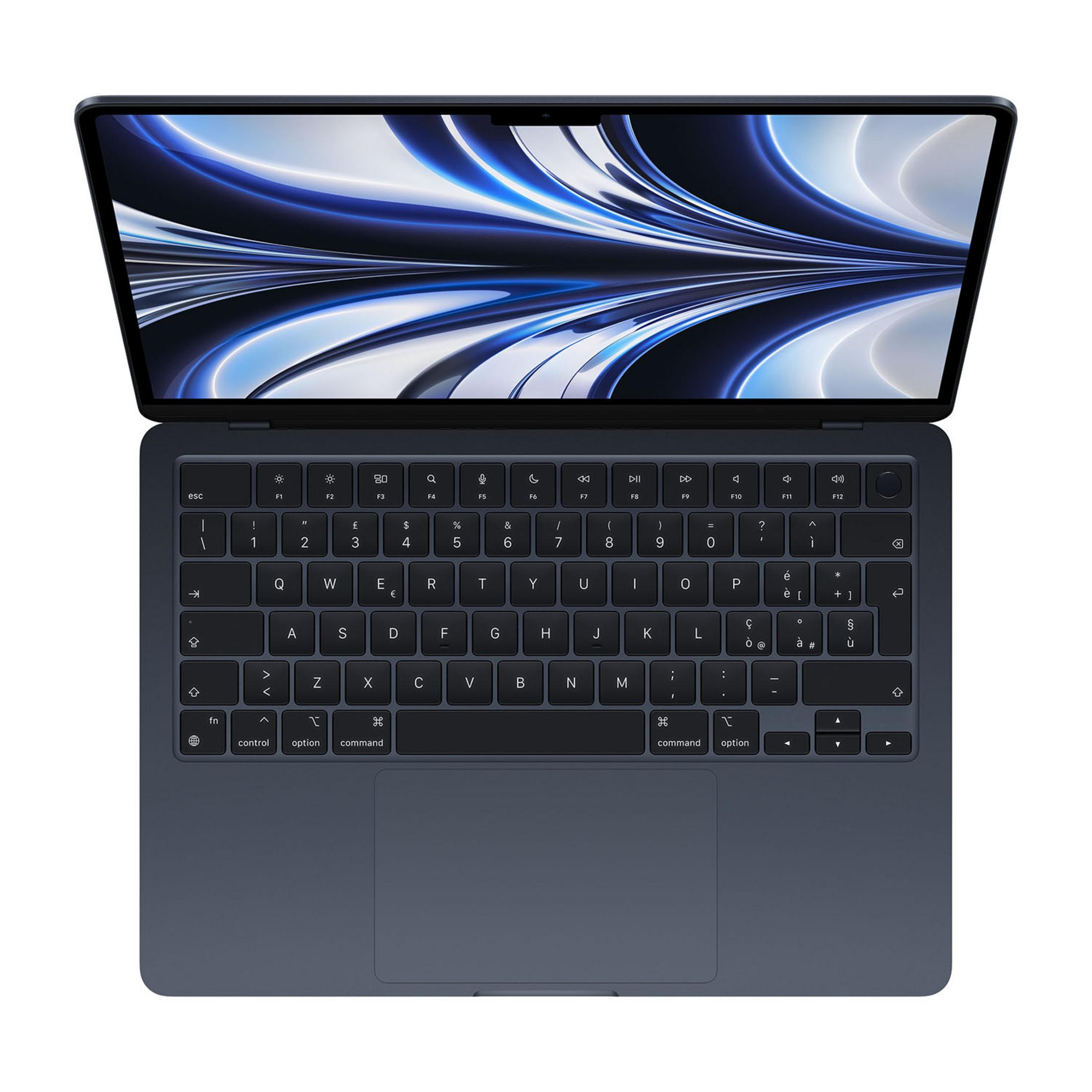 Un laptop aperto, blu scuro, che mostra uno sfondo astratto blu e bianco.