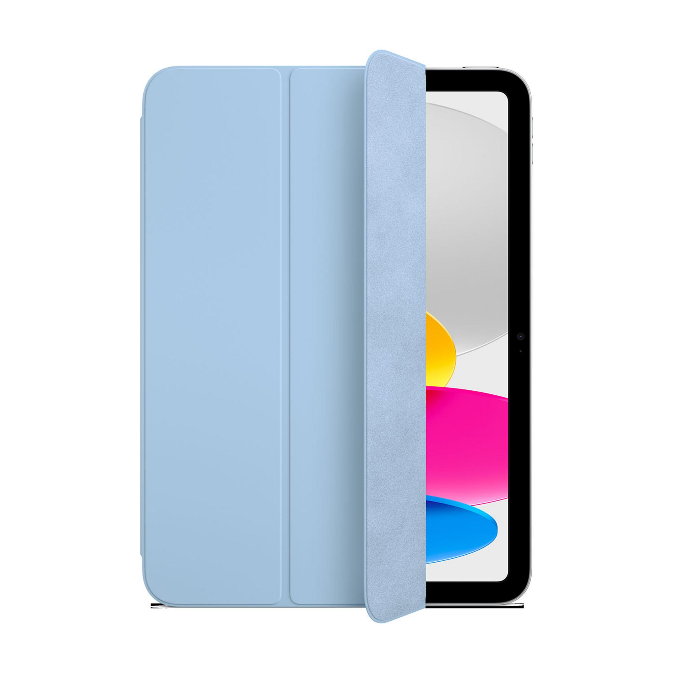 Ein hellblaues Tablet mit einer teilweise geöffneten Hülle, die das Display mit bunten Formen zeigt.