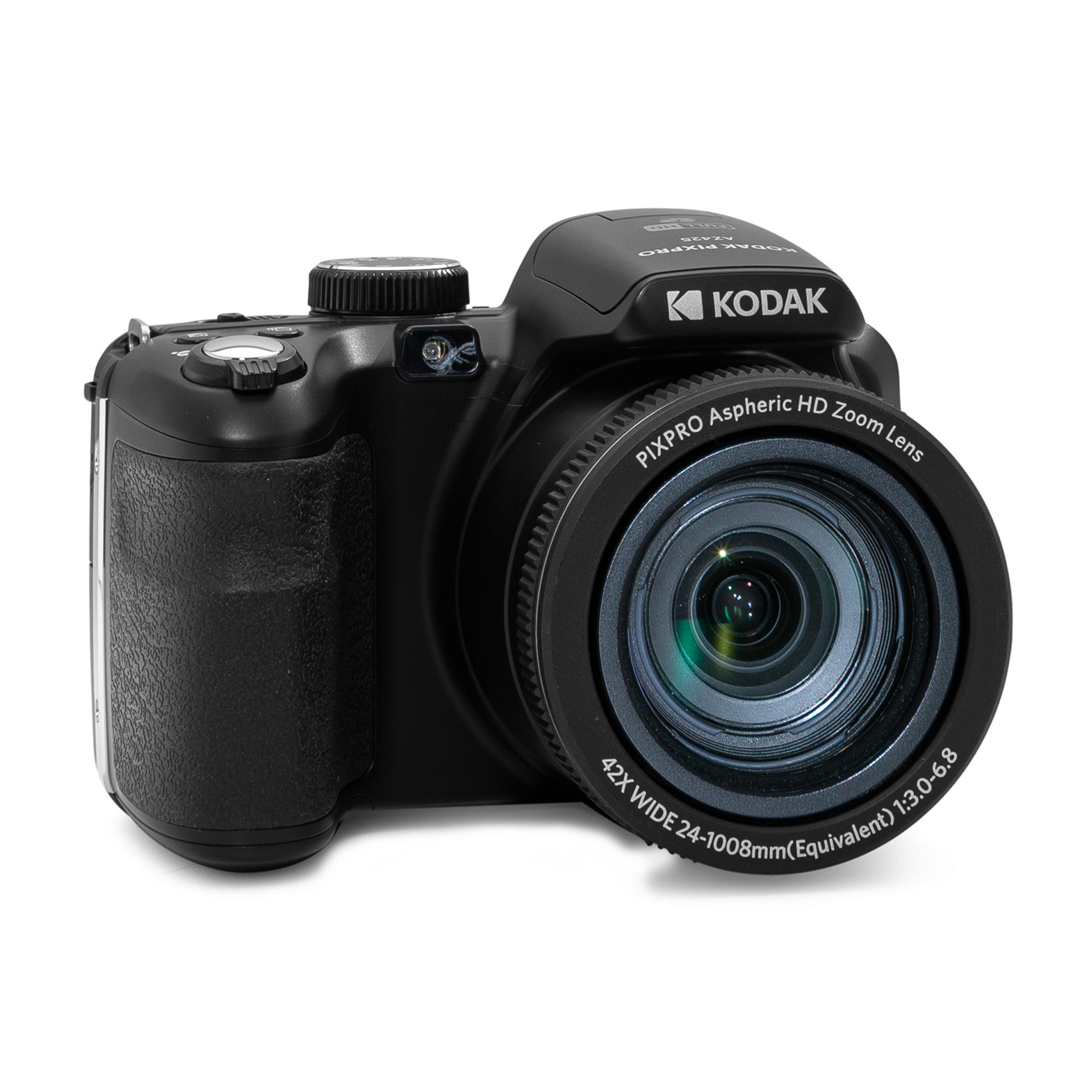 Czarny aparat cyfrowy Kodak z obiektywem 42x zoom i srebrnymi akcentami.