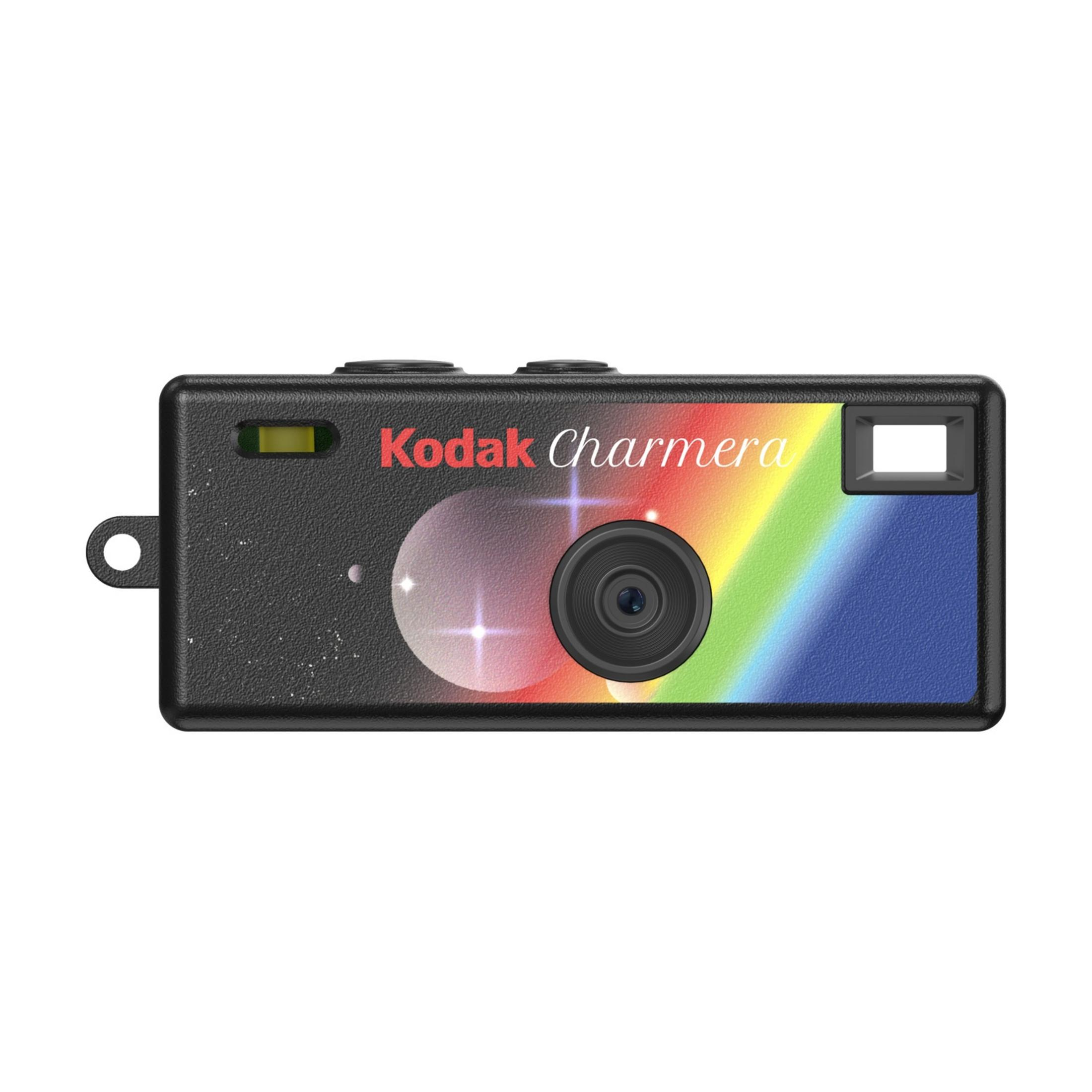 Eine schwarze Kodak Charmara Kamera mit einem Regenbogenmuster und Weltraumdesign.