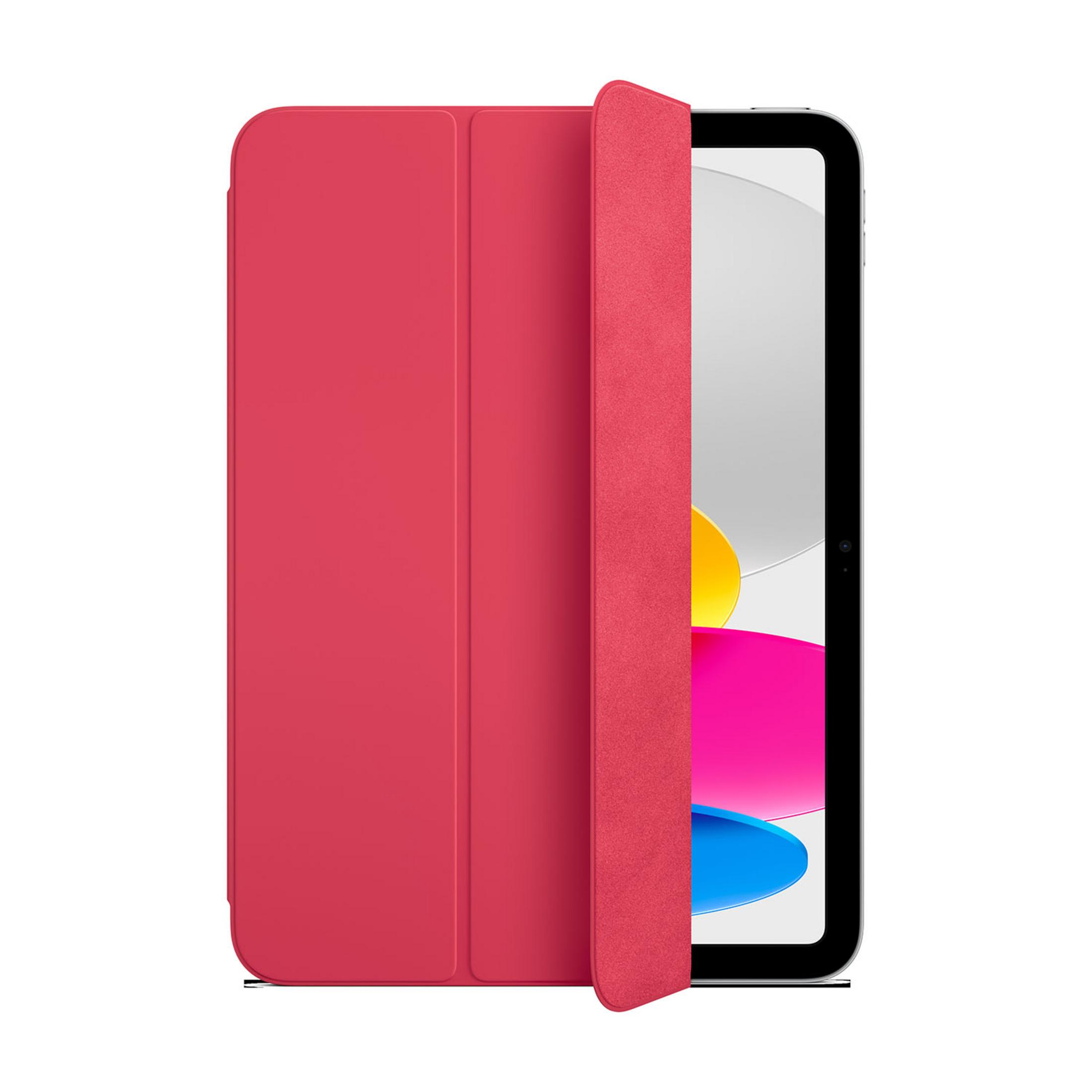 Une tablette rouge avec une couverture ouverte, sur fond blanc.