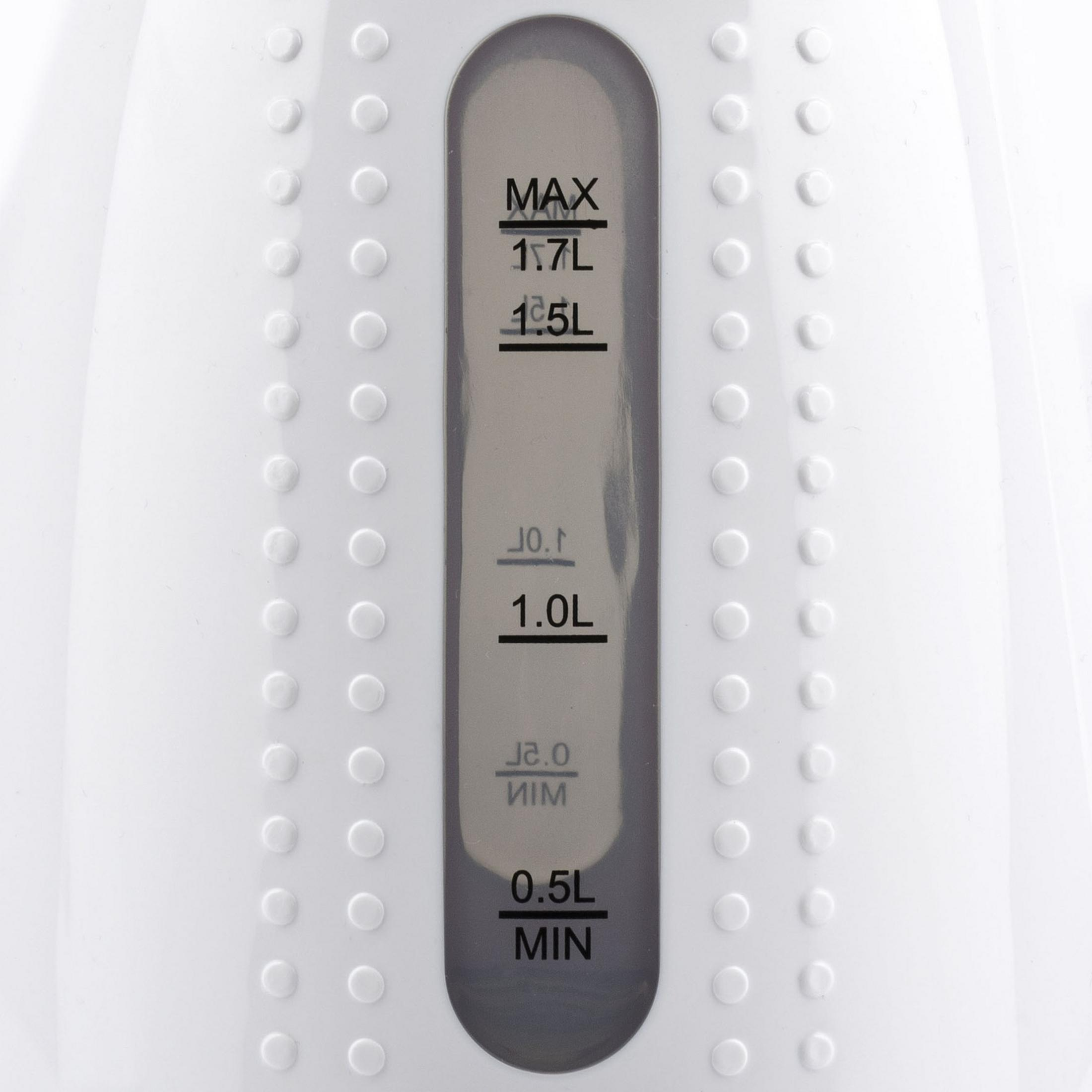 Biały czajnik z wskaźnikiem poziomu wody od 0,5L do 1,7L.