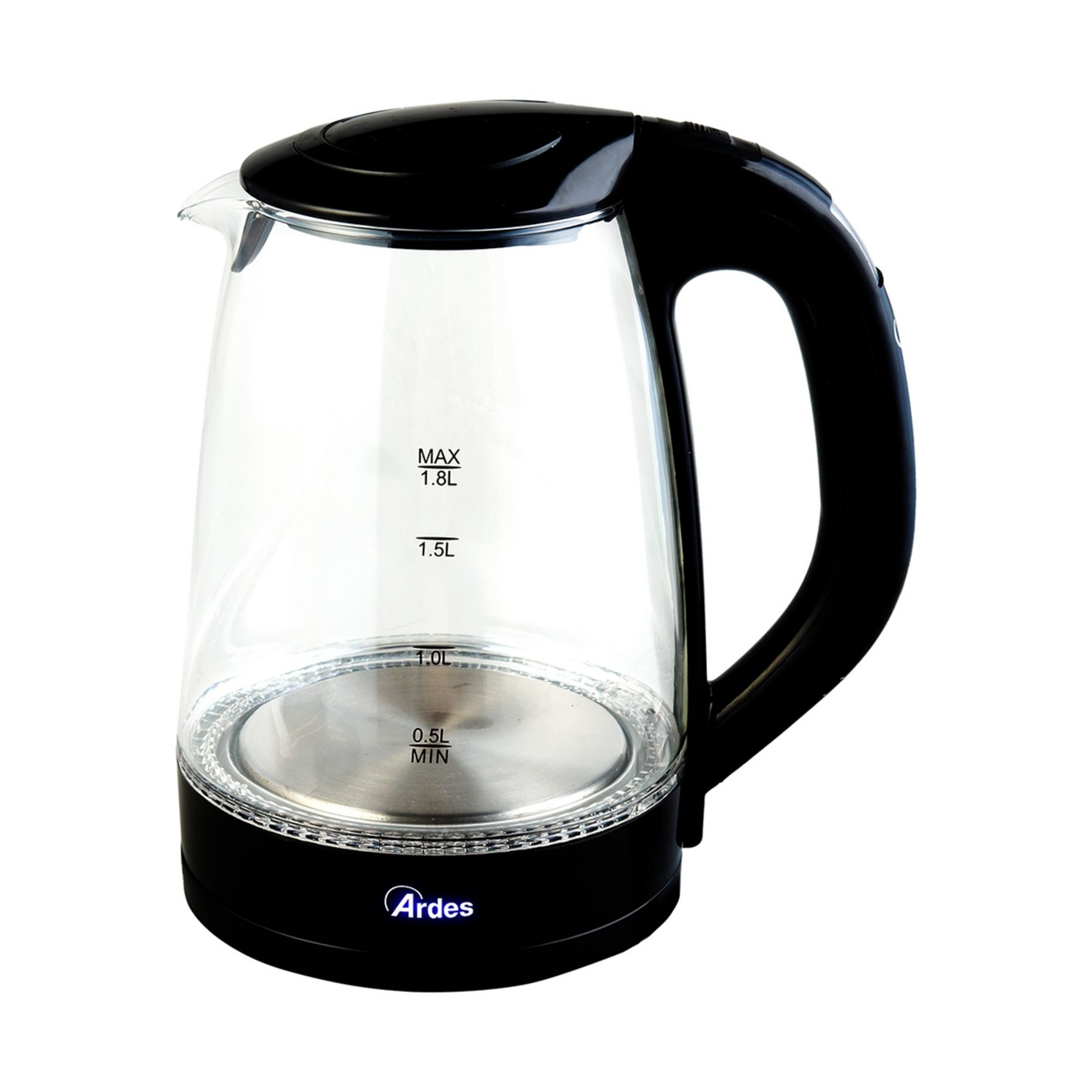 Czajnik szklany, czarny, z czarną rączką i pokrywką.