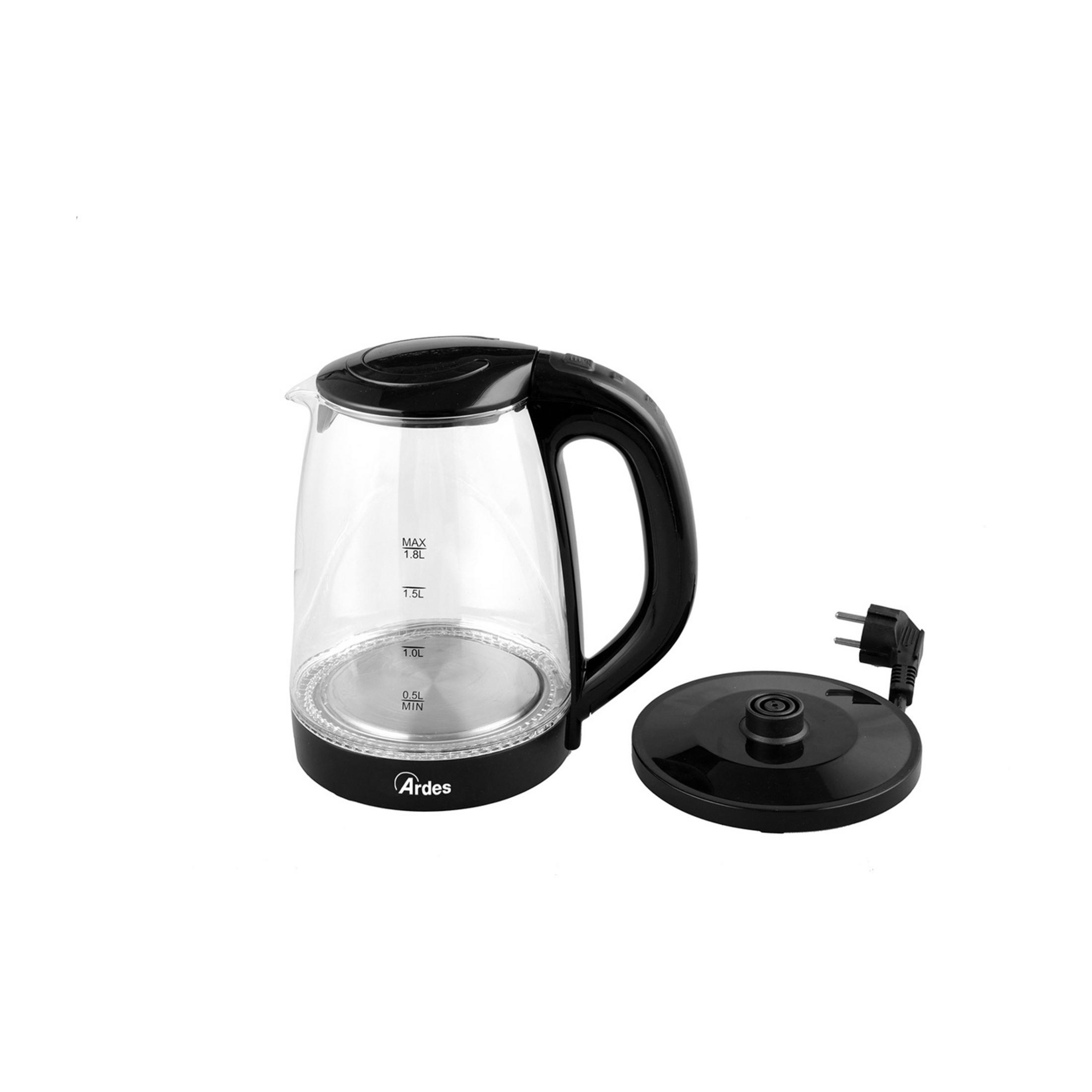 Przezroczysty czajnik ze szklanym korpusem i czarną rączką.