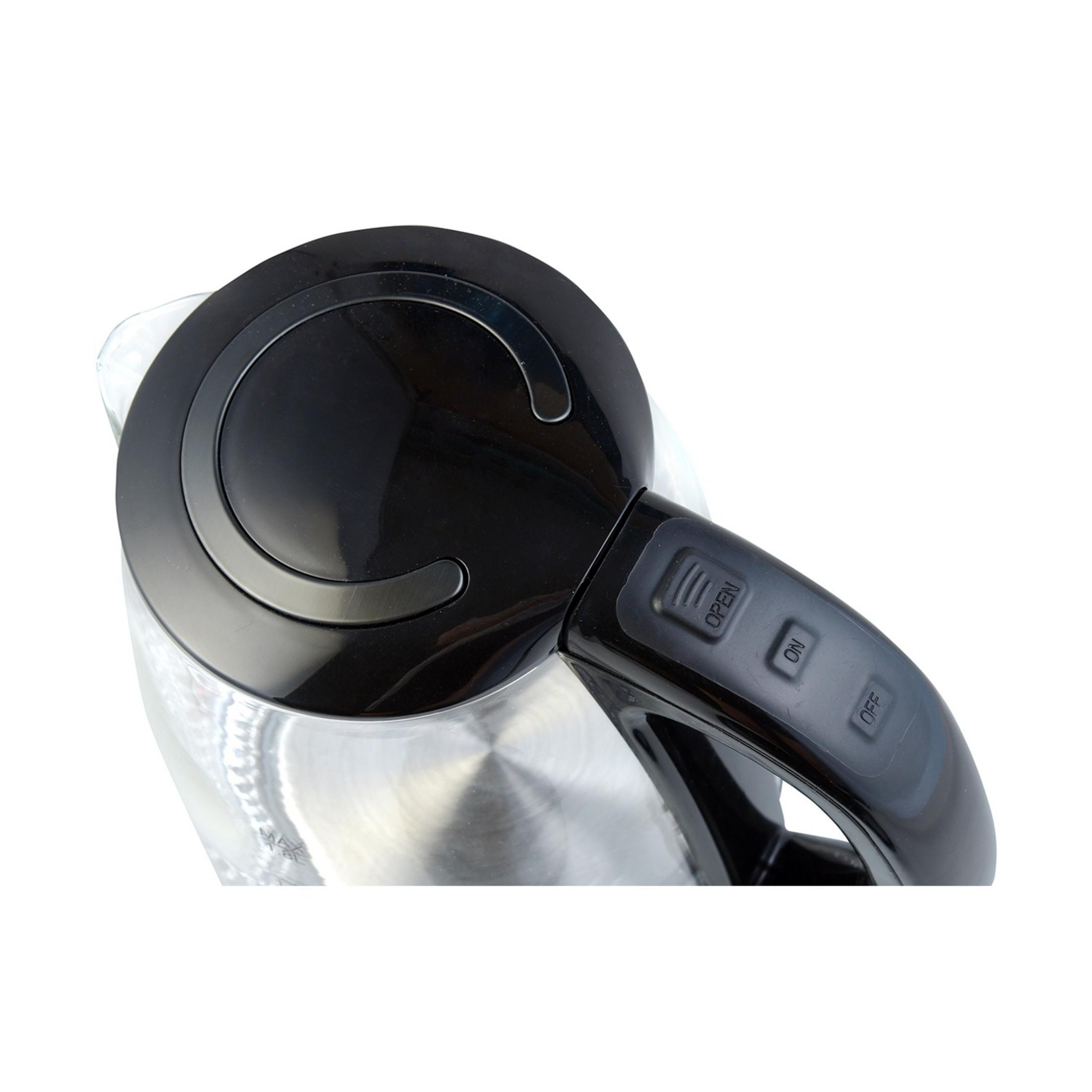 Czajnik elektryczny z czarną pokrywką i rączką, z przyciskami.