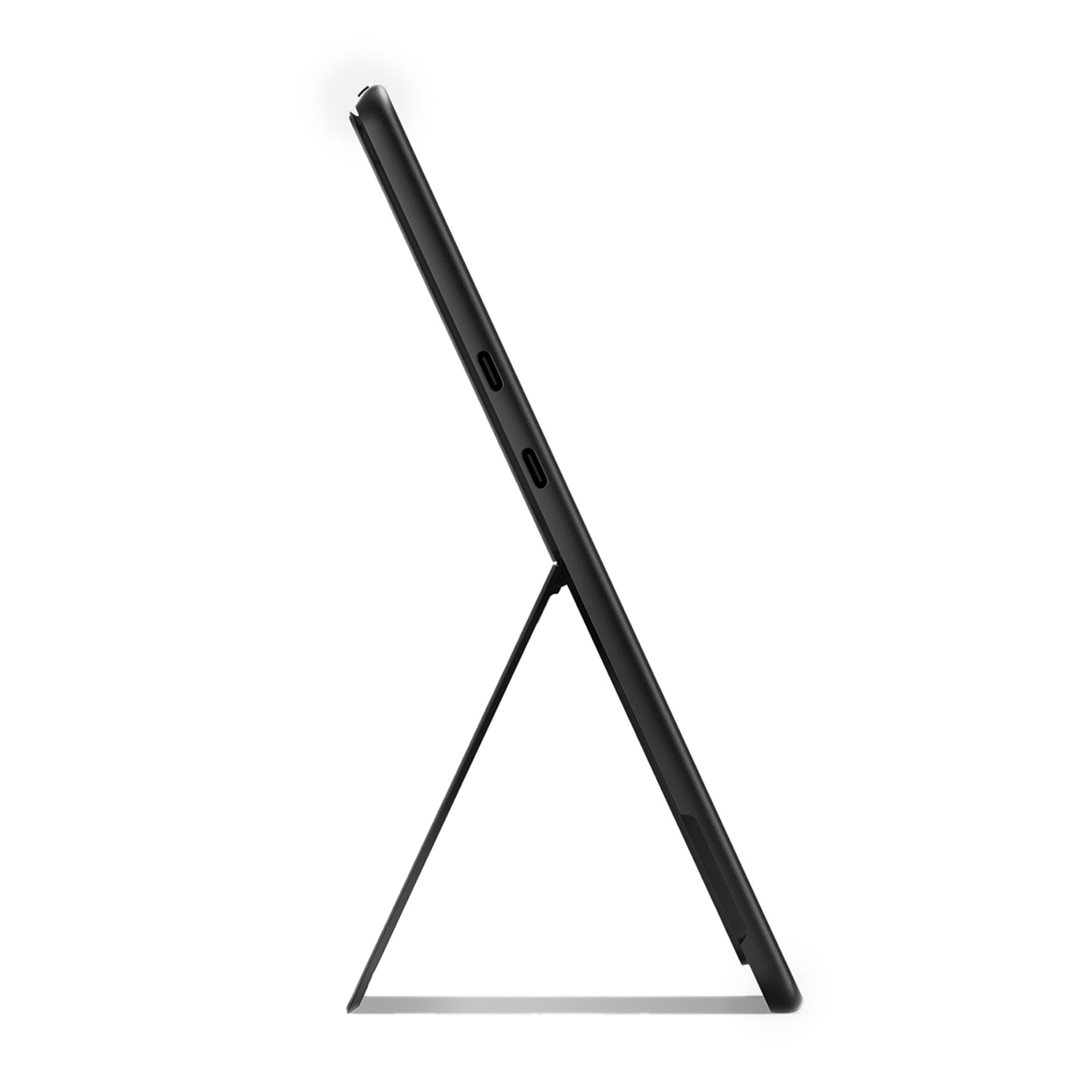 Schwarzes Tablet im Seitenprofil mit ausklappbarem Ständer auf weißem Hintergrund.