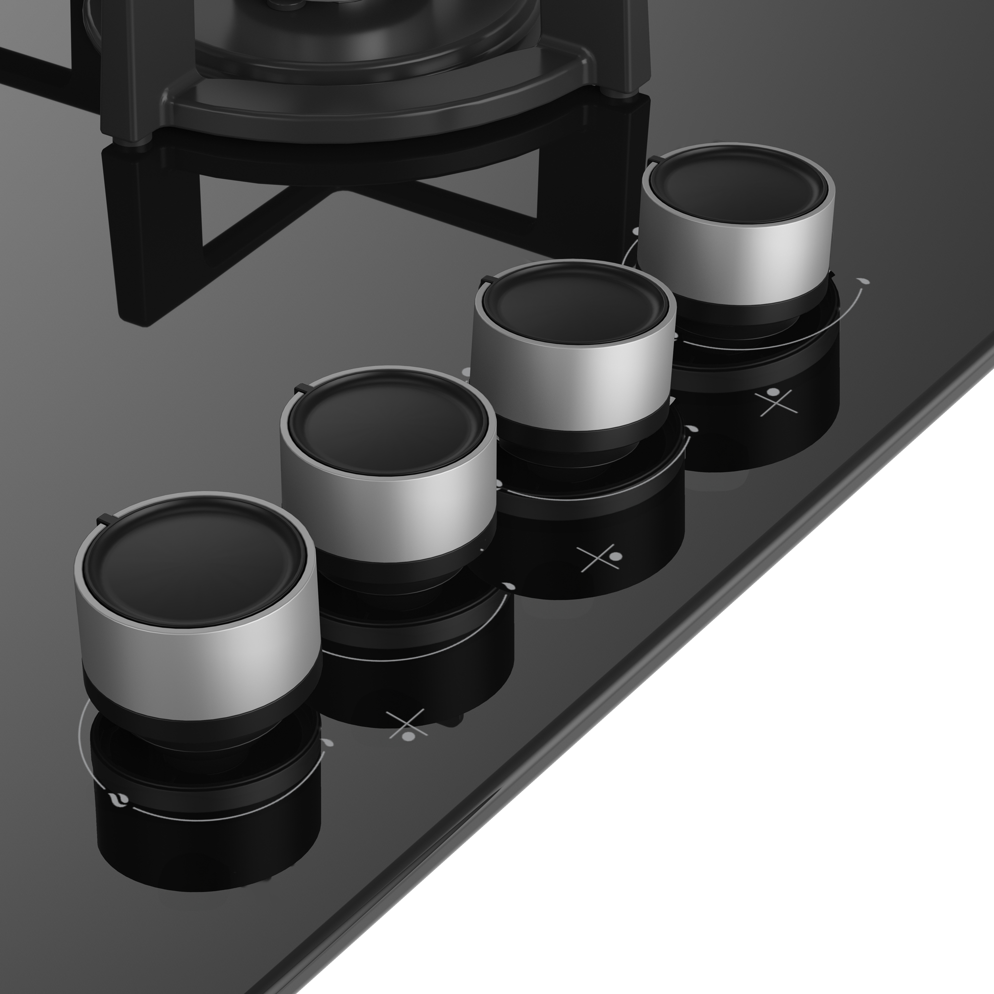 Zbliżenie czarnej płyty grzewczej z czterema srebrno-czarnymi pokrętłami sterującymi.