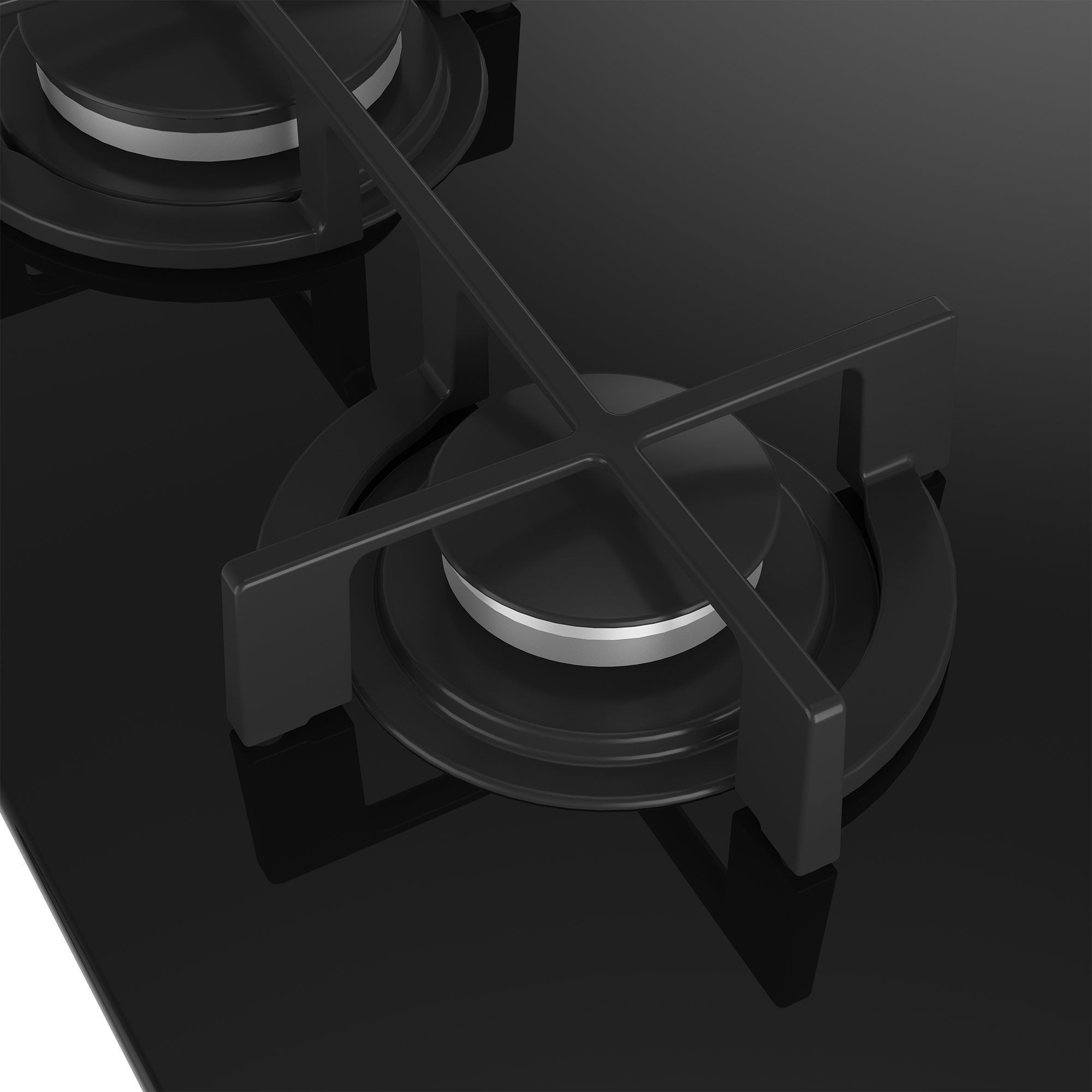 Czarna płyta kuchenna z dwoma palnikami i metalowymi rusztami.