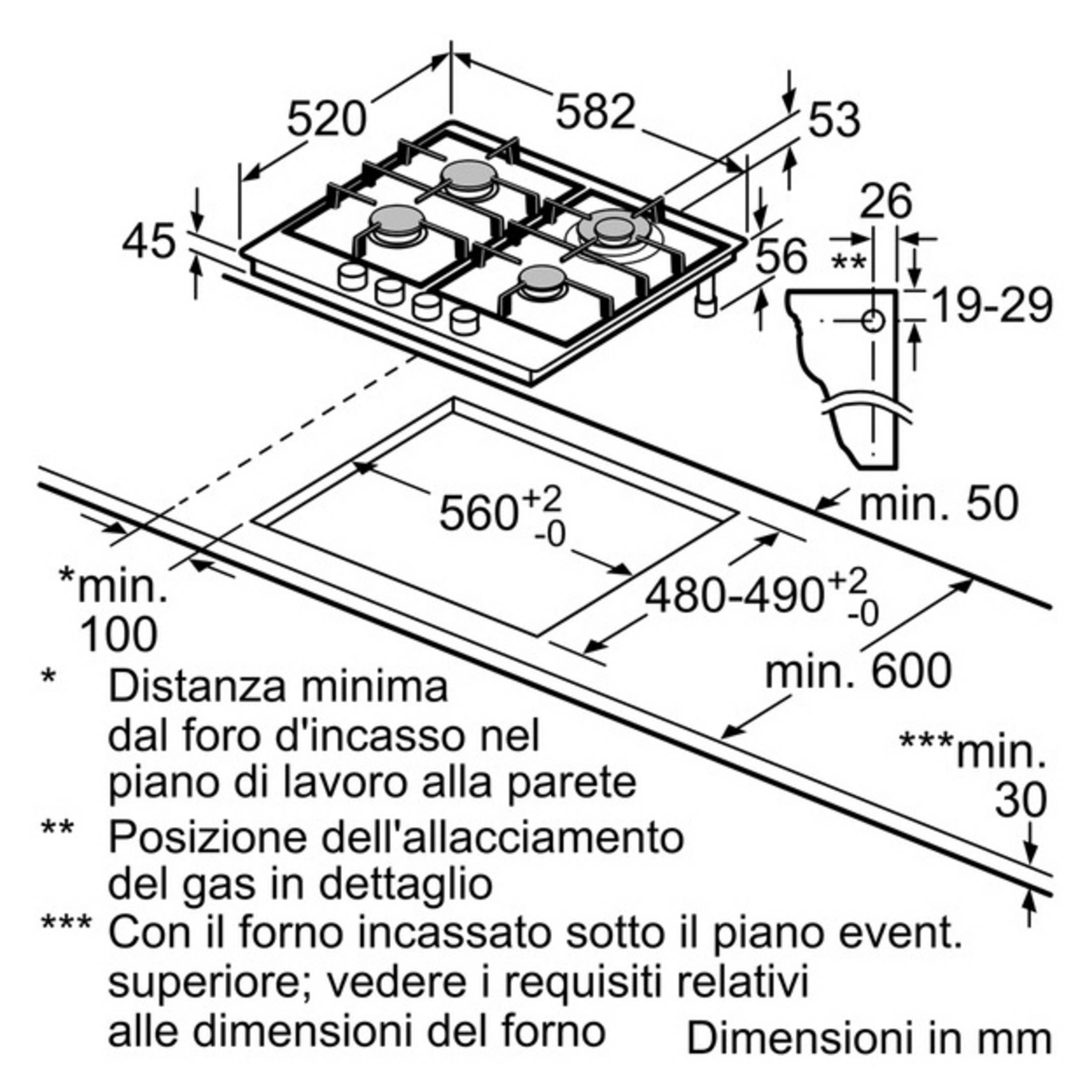 Disegno tecnico di un piano cottura a gas con dimensioni e misure.