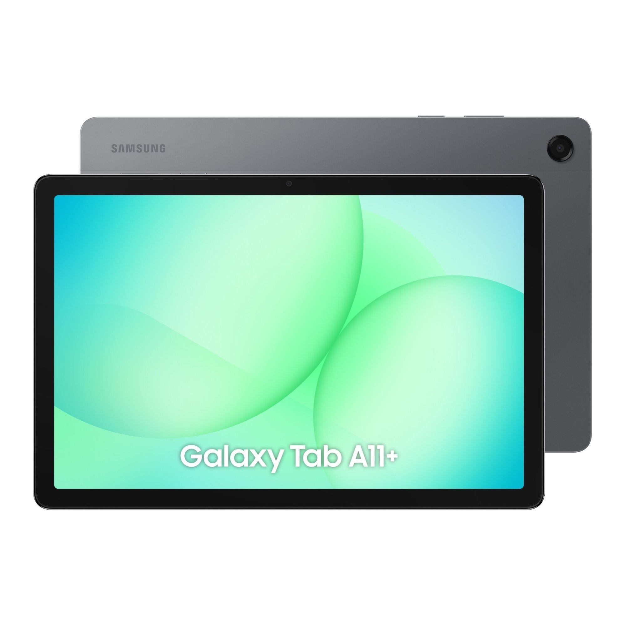 Szary tablet Samsung Galaxy Tab A11+ z modułem aparatu i jasnozielonym tłem.