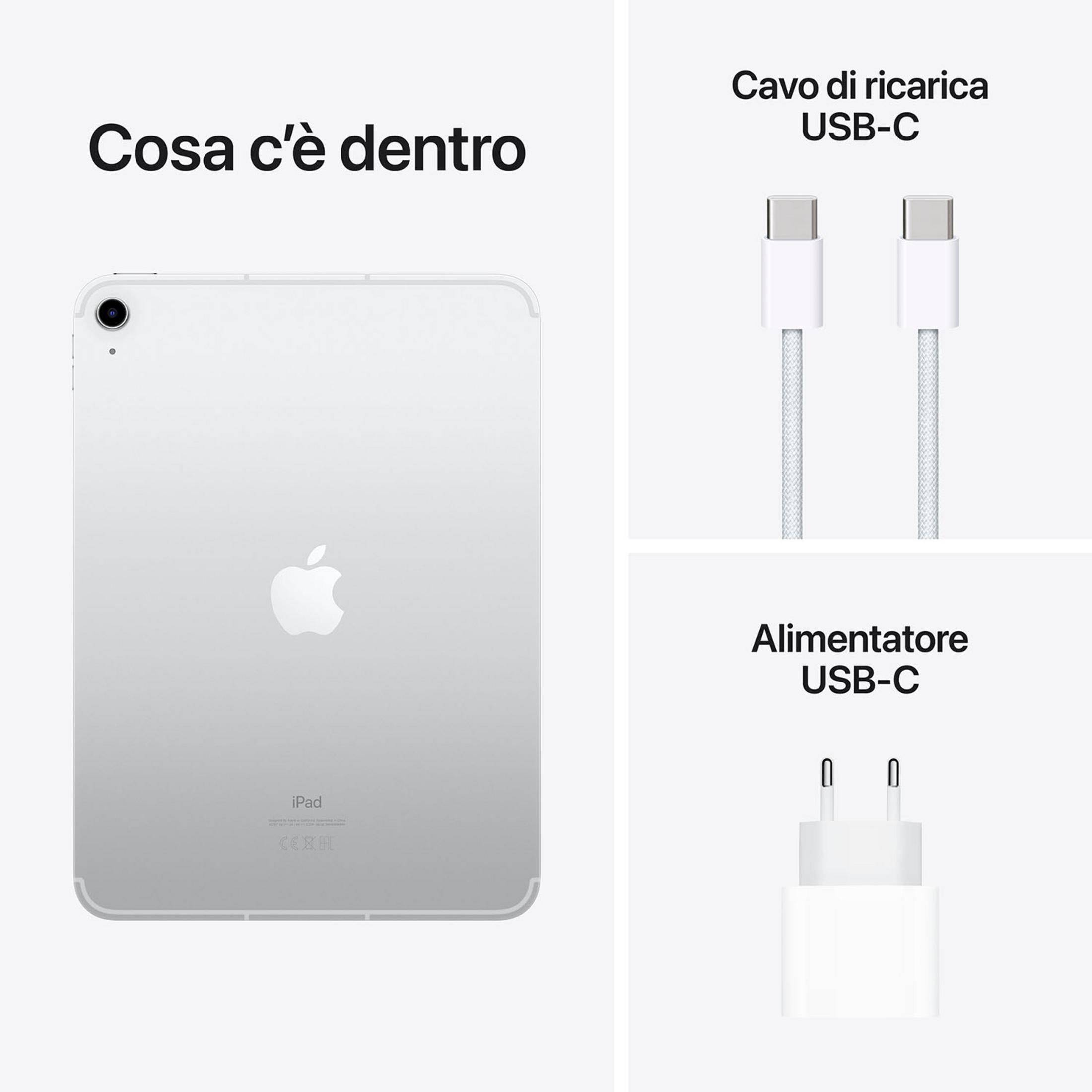 Srebrny iPad z kablem USB-C i zasilaczem na białym tle.
