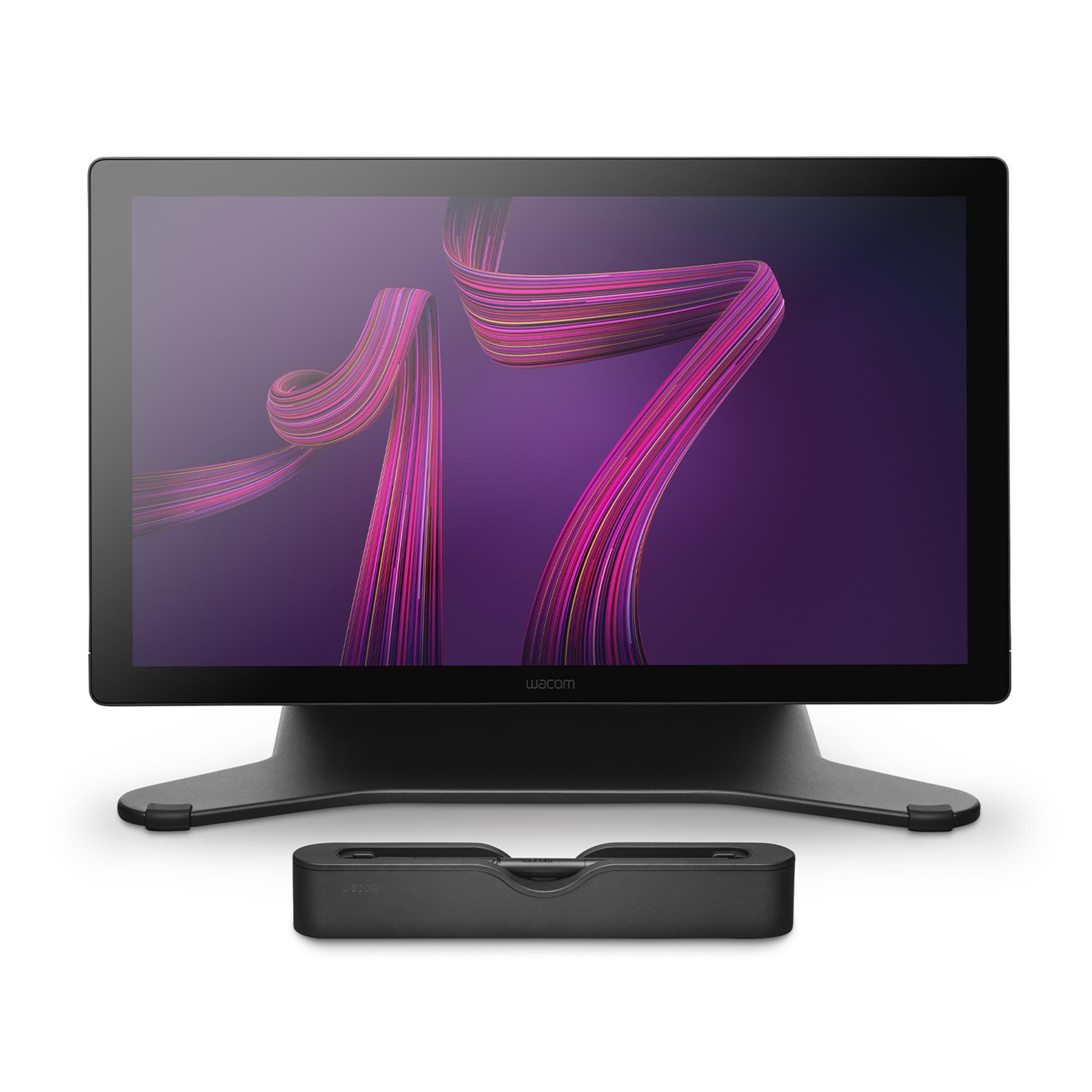 Czarny monitor Wacom z ekranem piórkowym i abstrakcyjnym wzorem na ekranie.