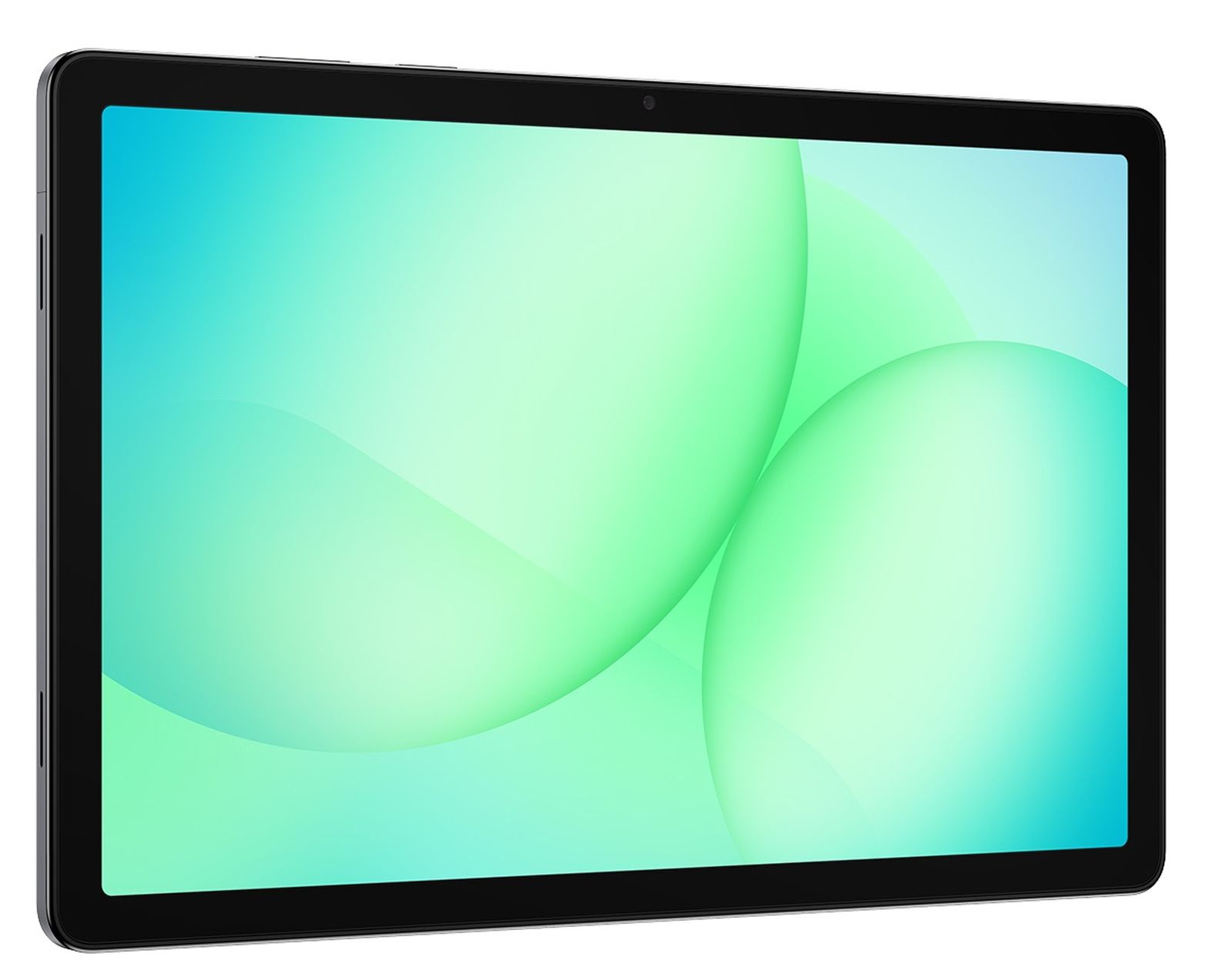 Ein Tablet mit schwarzem Rahmen und einem hellgrünen, blauen Hintergrund.