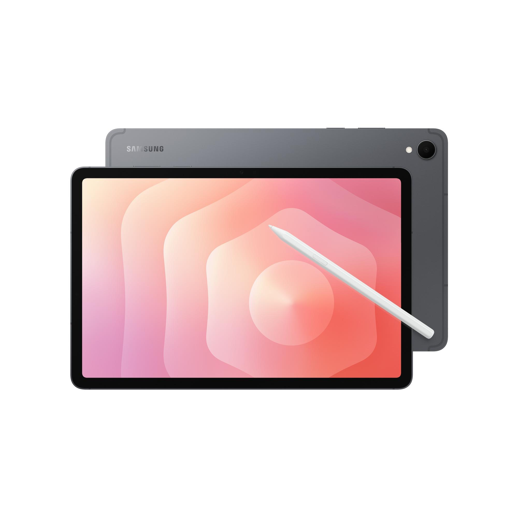 Ein graues Samsung-Tablet mit einem weißen Stift auf dem Bildschirm liegt auf einem weißen Hintergrund.