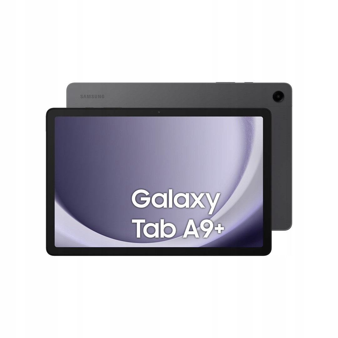 Ciemny tablet Samsung Galaxy Tab A9+ z aparatem i ekranem.