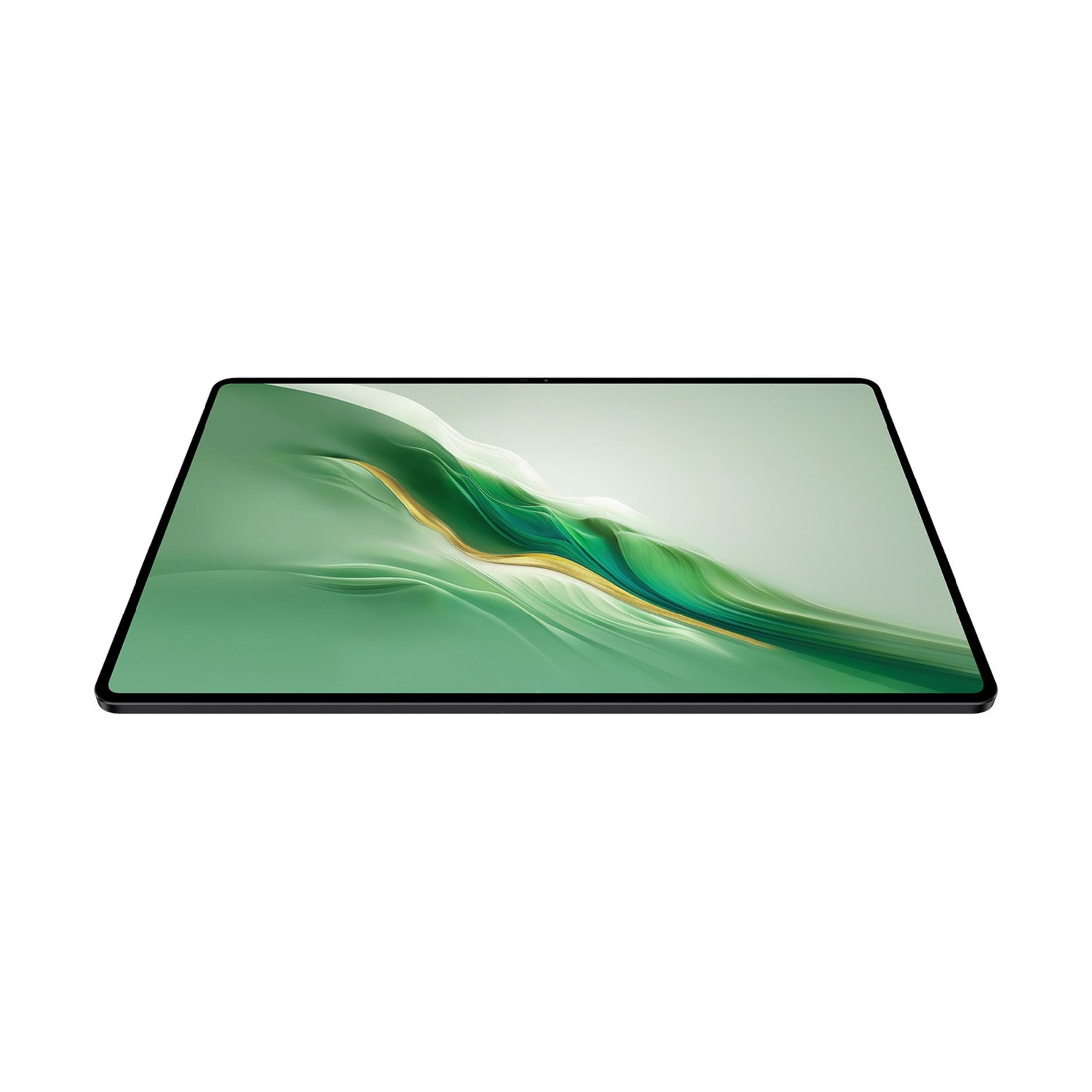 Ein Tablet mit einem grünen und goldenen, abstrakten Hintergrund, das aus der Seitenansicht gezeigt wird.